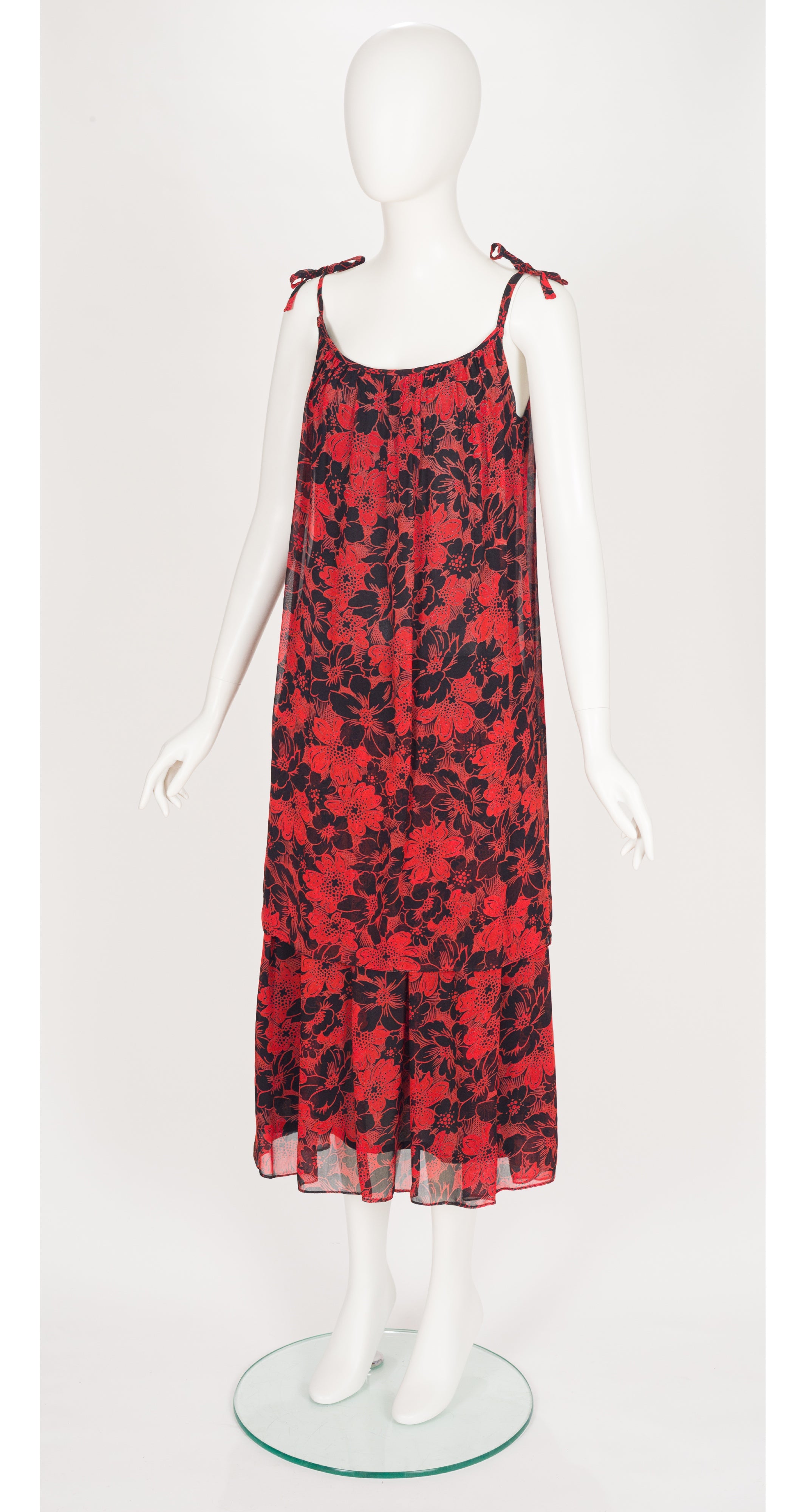 1970s Floral Black & Red Chiffon Tiered Midi Dress