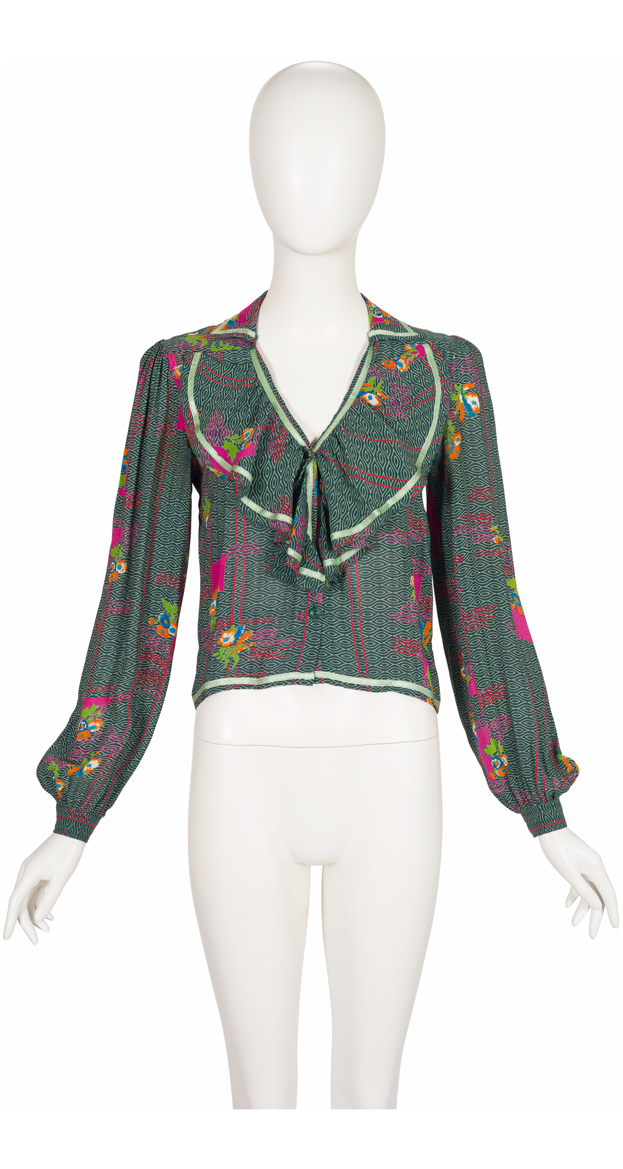 1970s Floral Geometric Print Green Rayon Ruffle Blouse