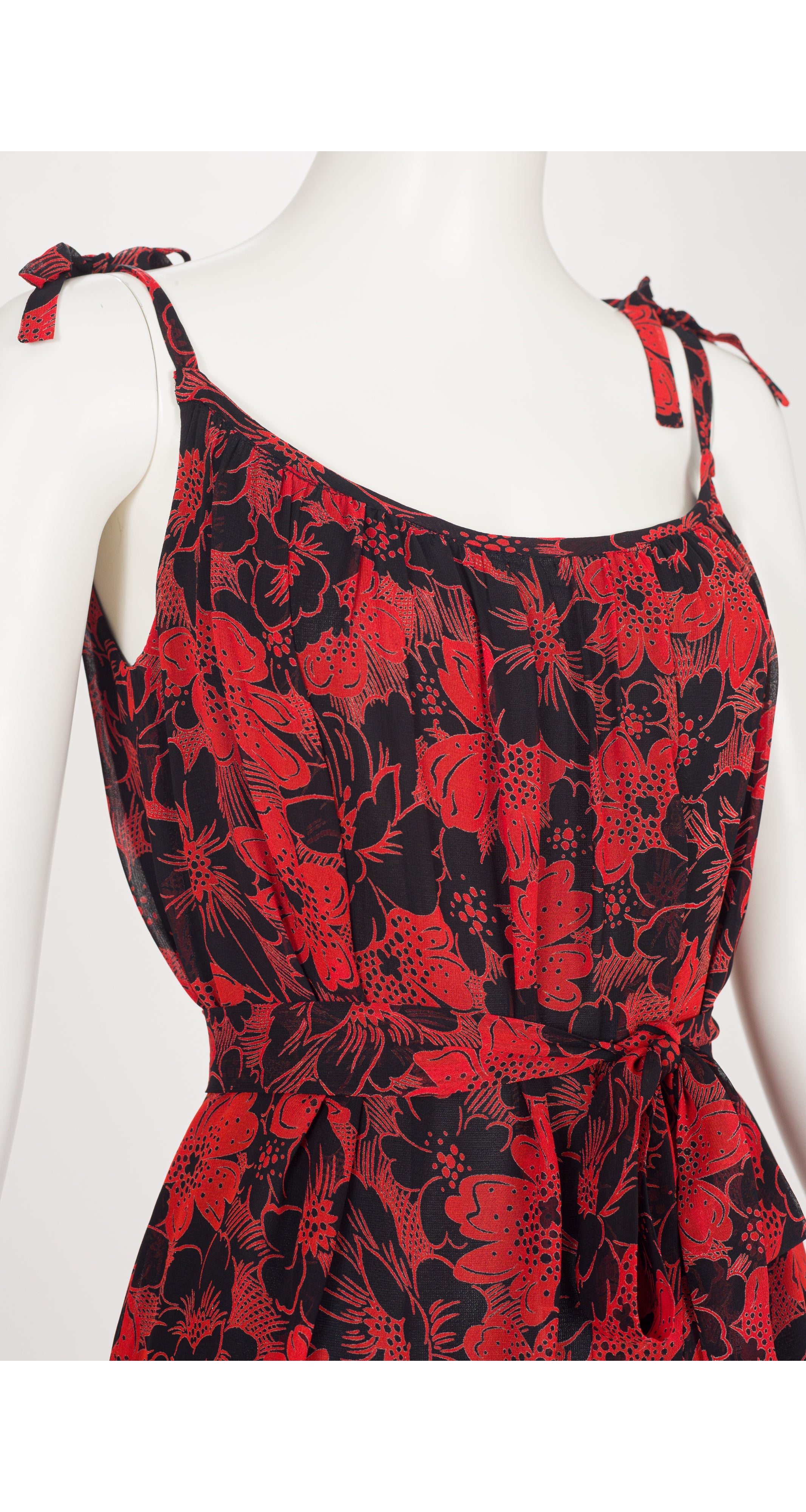 1970s Floral Black & Red Chiffon Tiered Midi Dress