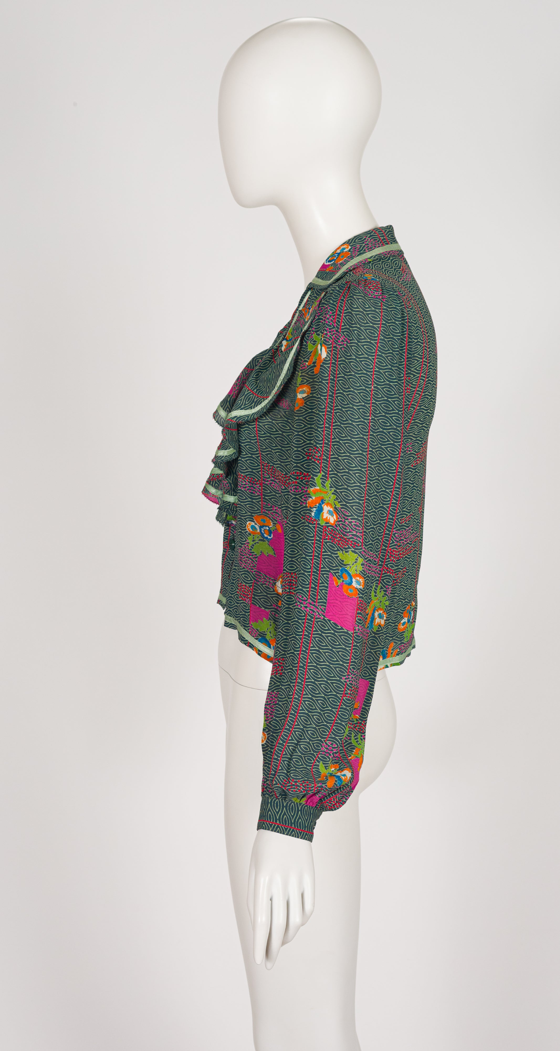 1970s Floral Geometric Print Green Rayon Ruffle Blouse