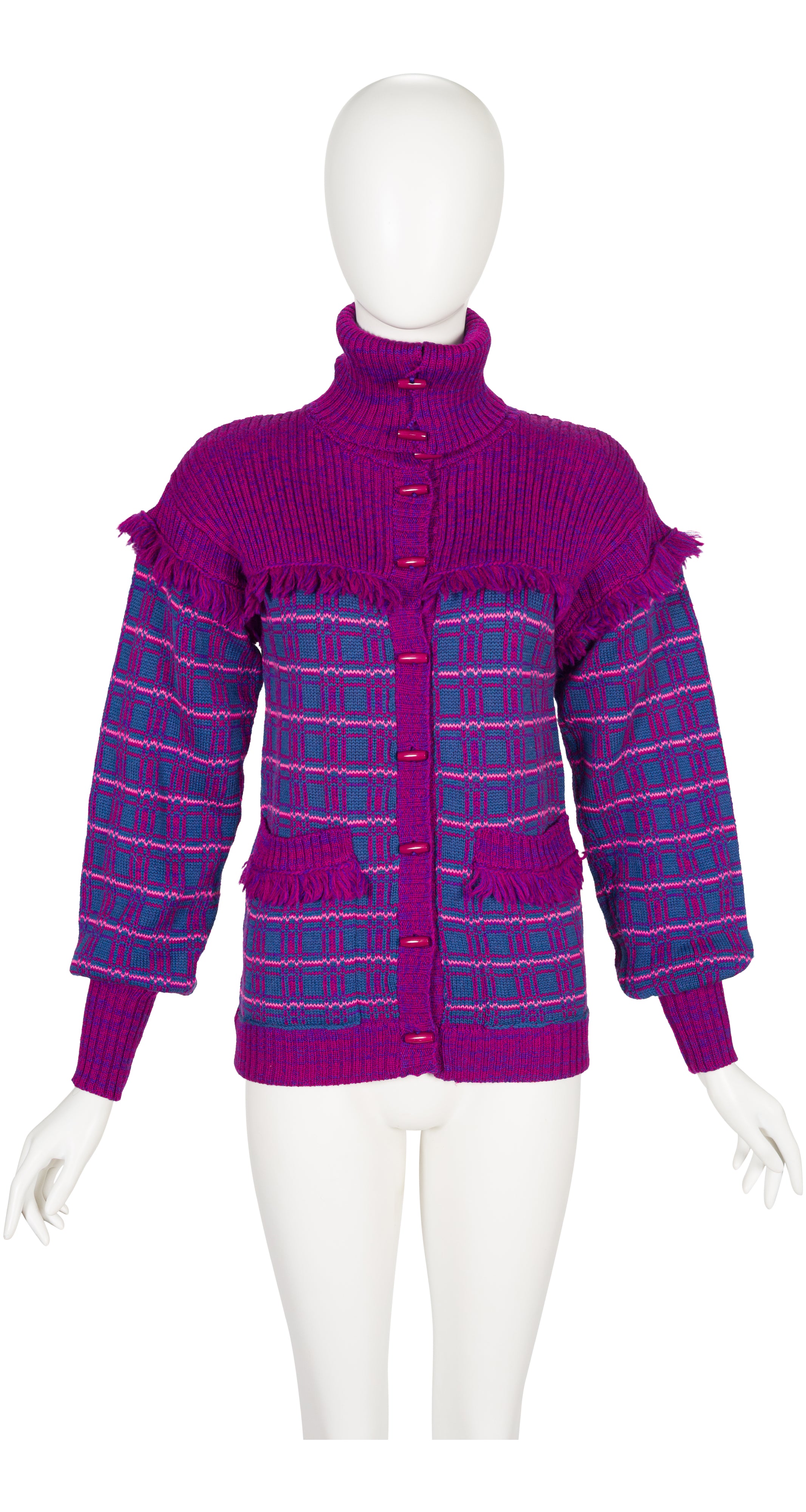 1977-78 F/W Purple Plaid Wool Fringe Toggle Cardigan
