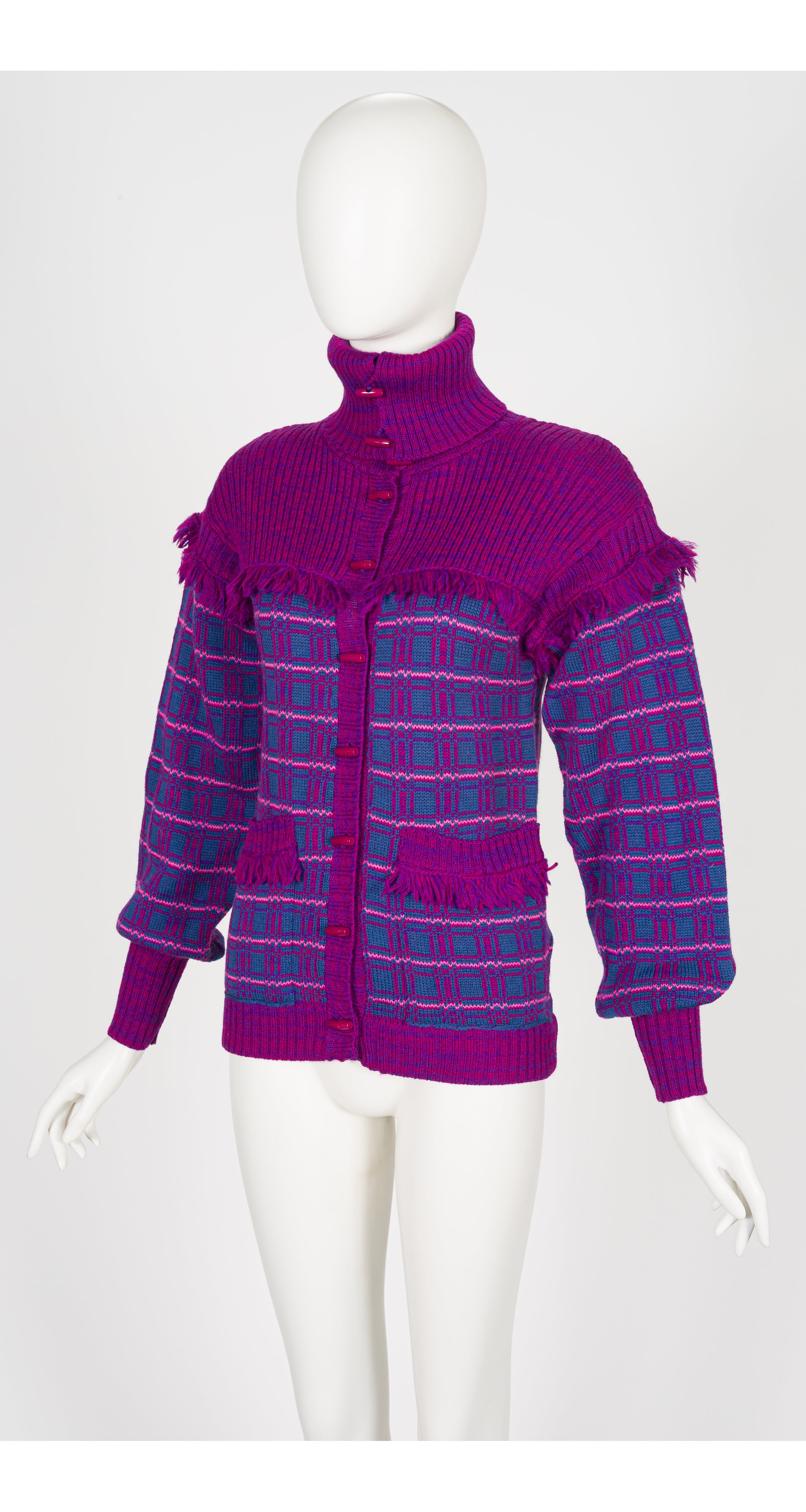 1977-78 F/W Purple Plaid Wool Fringe Toggle Cardigan