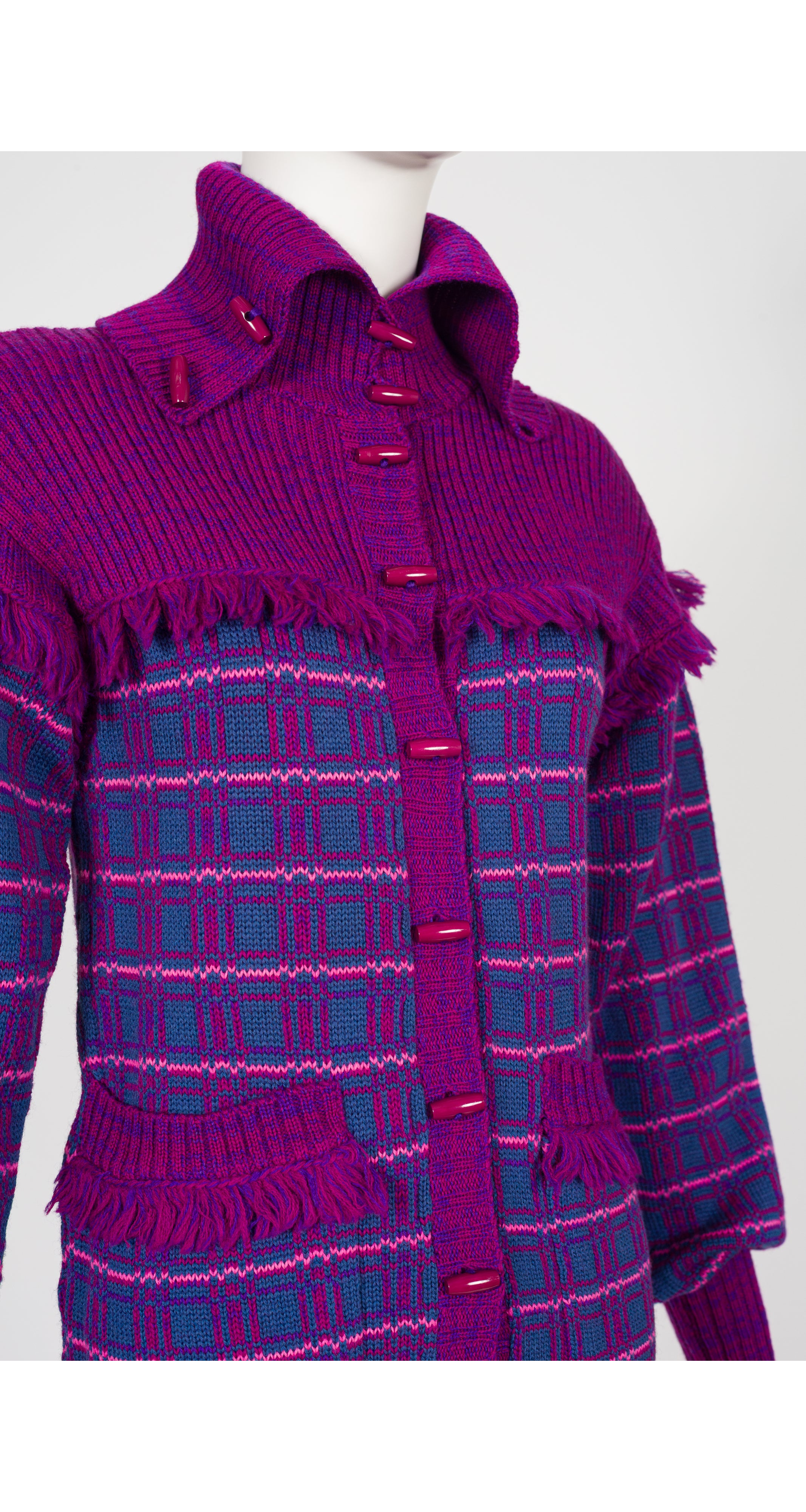 1977-78 F/W Purple Plaid Wool Fringe Toggle Cardigan