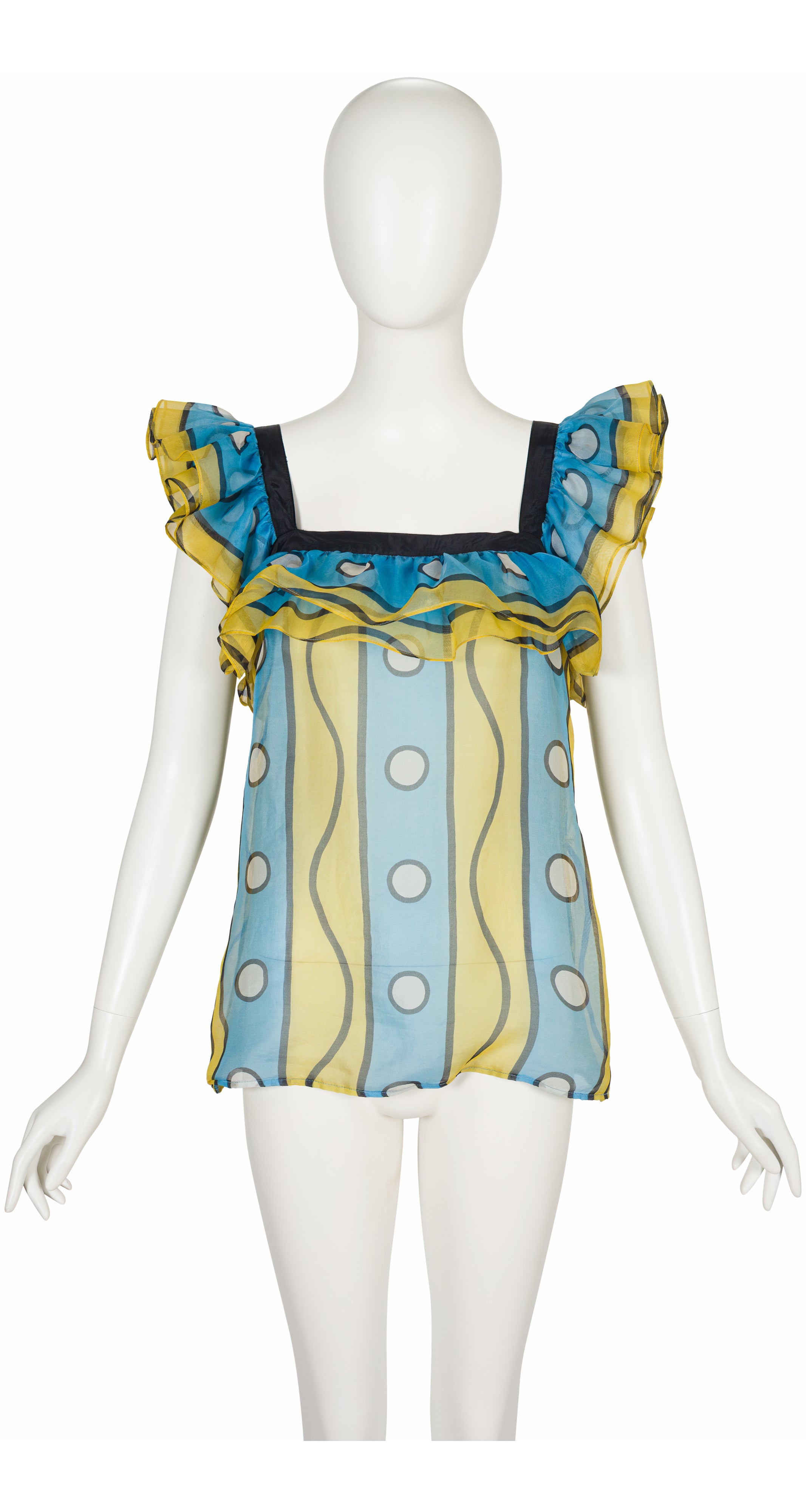 1980 S/S Printed Blue & Yellow Silk Organza Ruffle Top