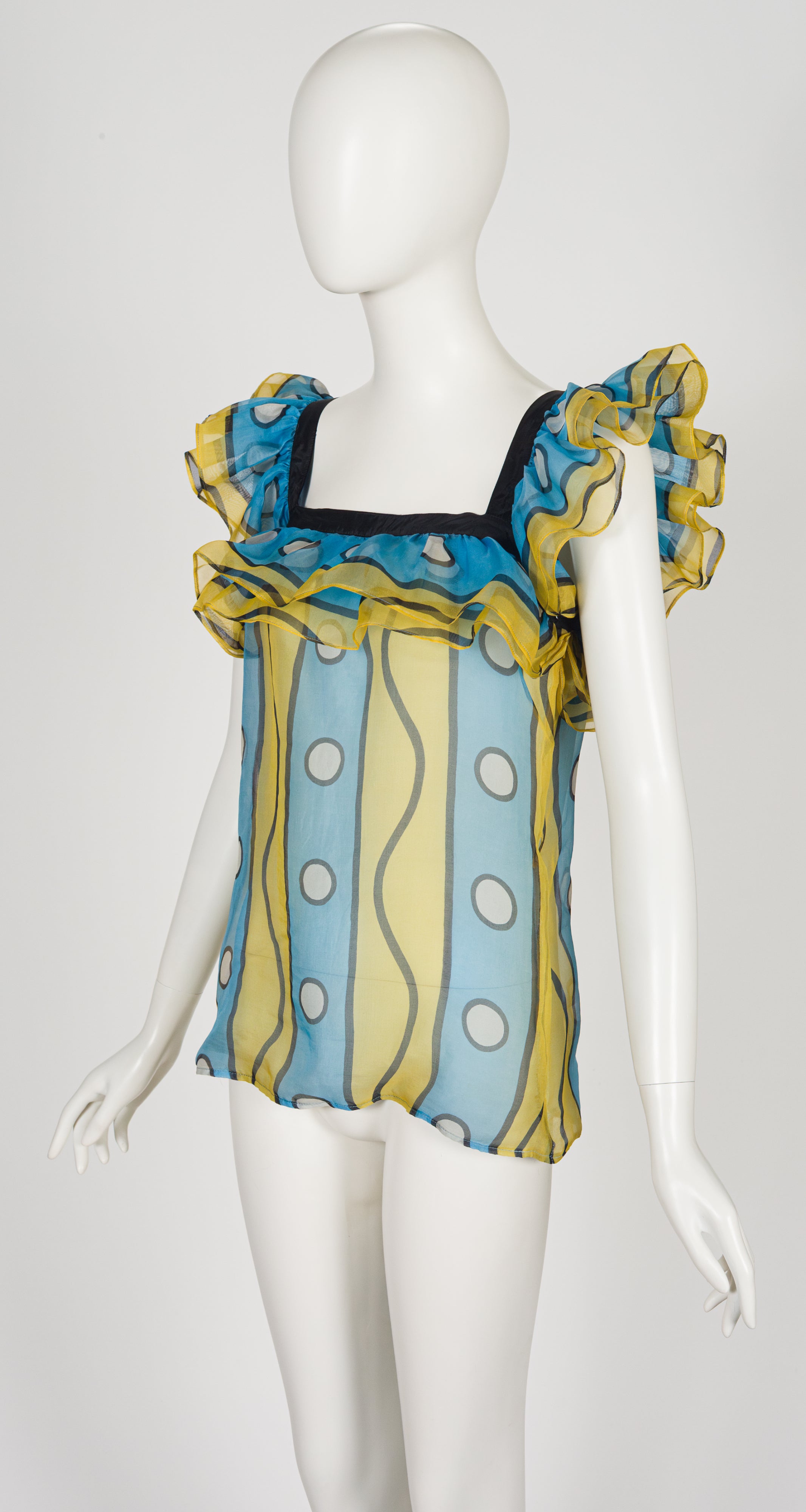 1980 S/S Printed Blue & Yellow Silk Organza Ruffle Top