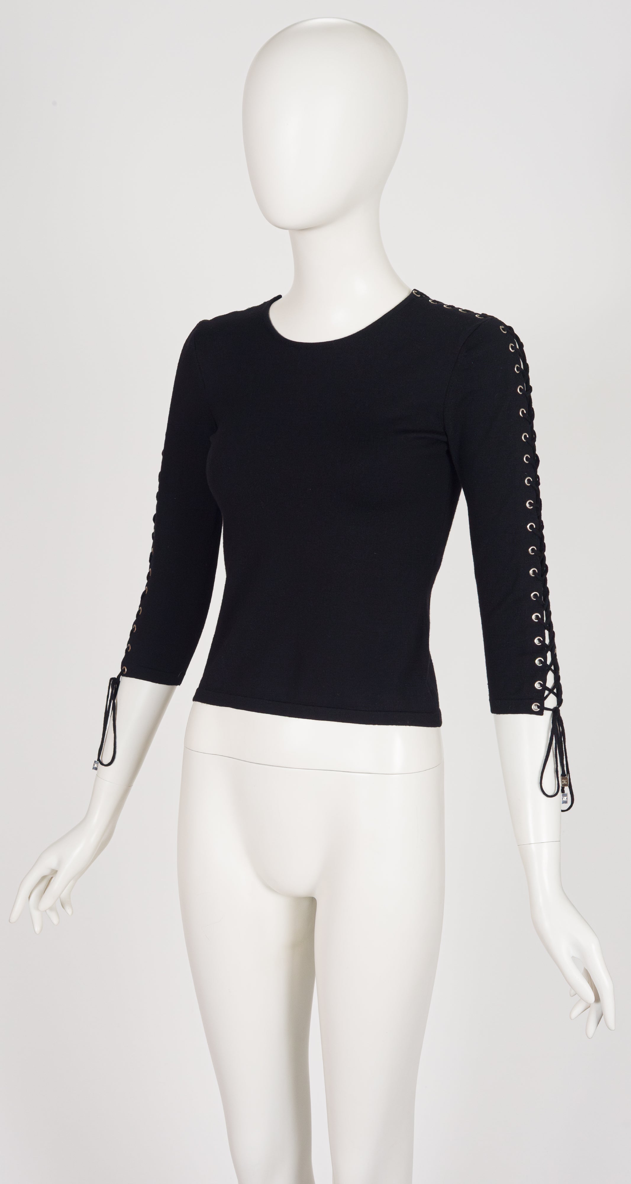2000s Black Wool Knit Lace-Up Sleeve Top