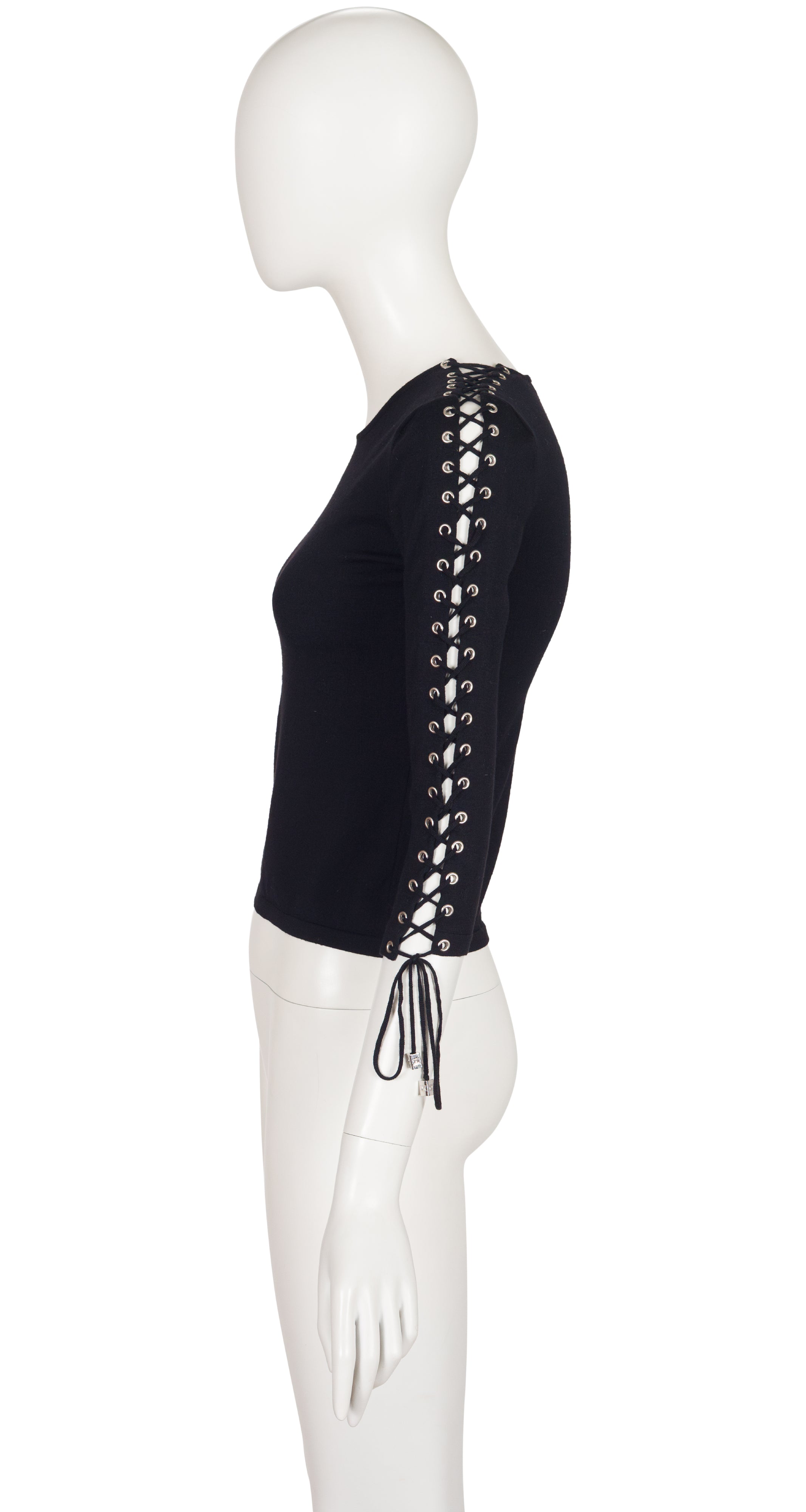 2000s Black Wool Knit Lace-Up Sleeve Top