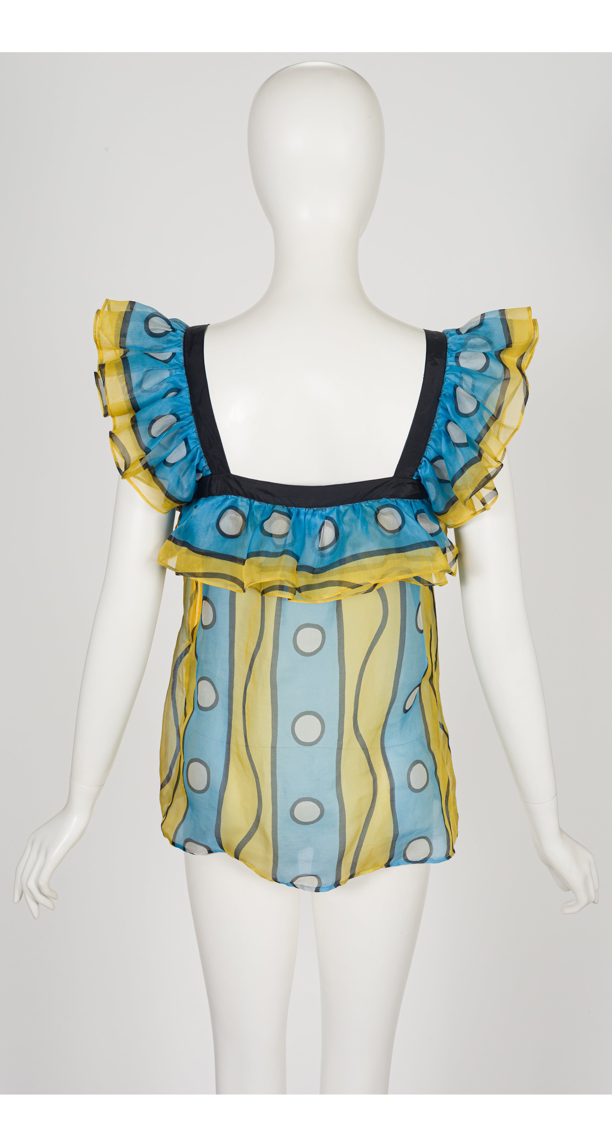 1980 S/S Printed Blue & Yellow Silk Organza Ruffle Top