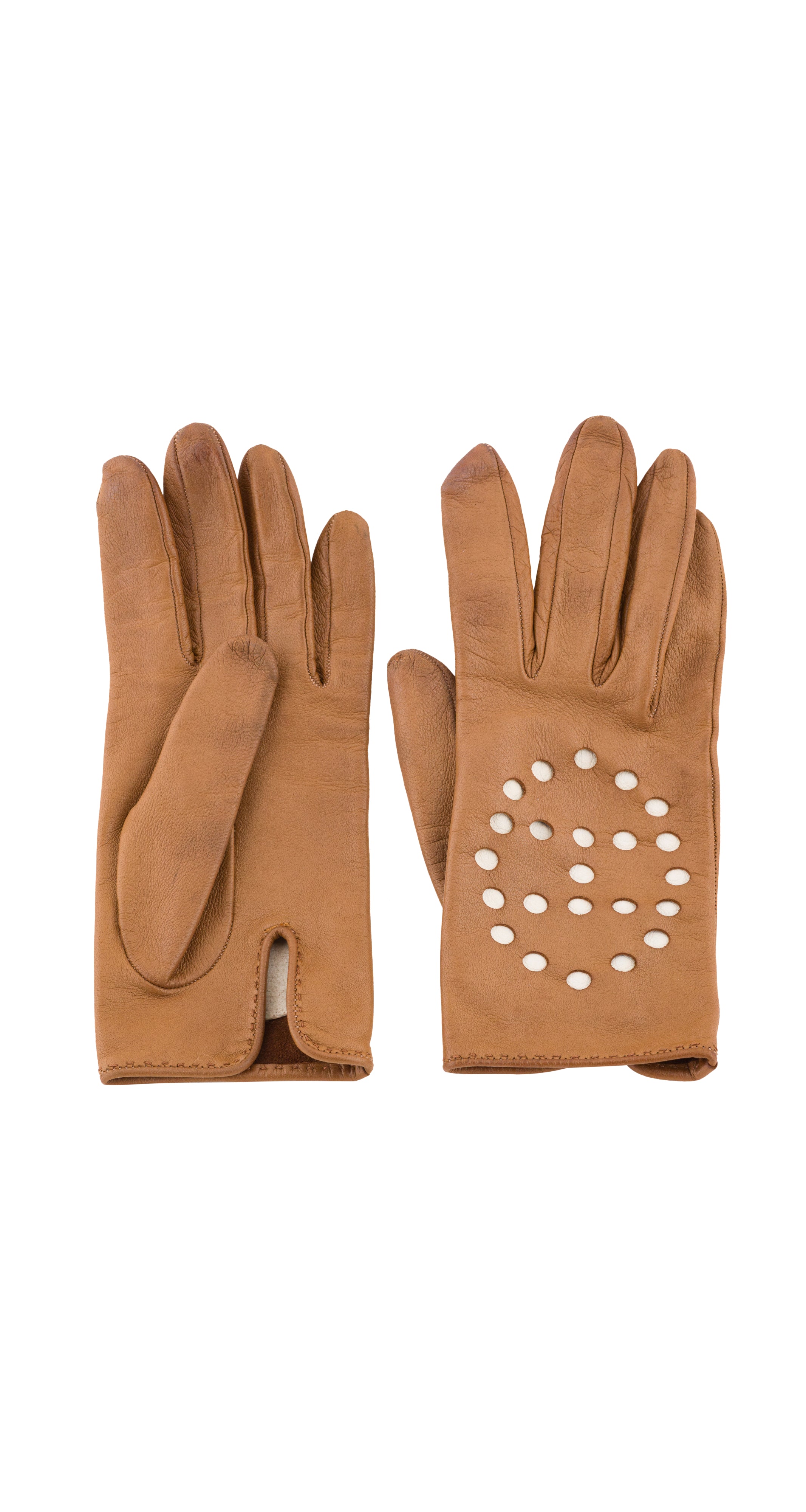 1980s "Evelyne" Tan Perforated Lambskin Leather Gloves