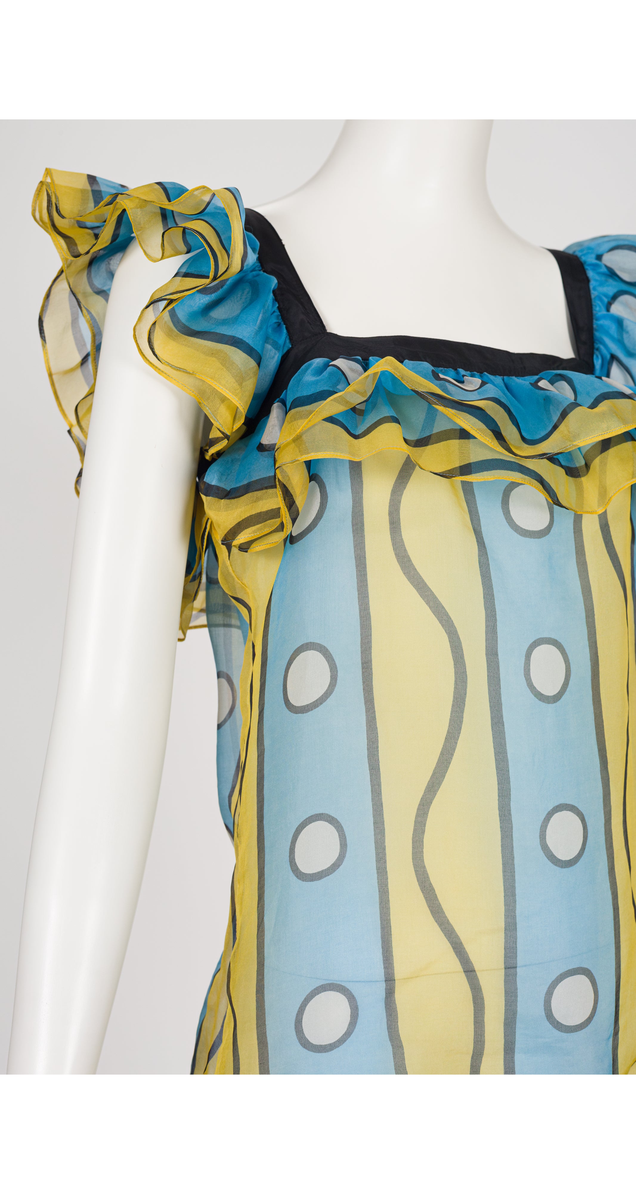 1980 S/S Printed Blue & Yellow Silk Organza Ruffle Top