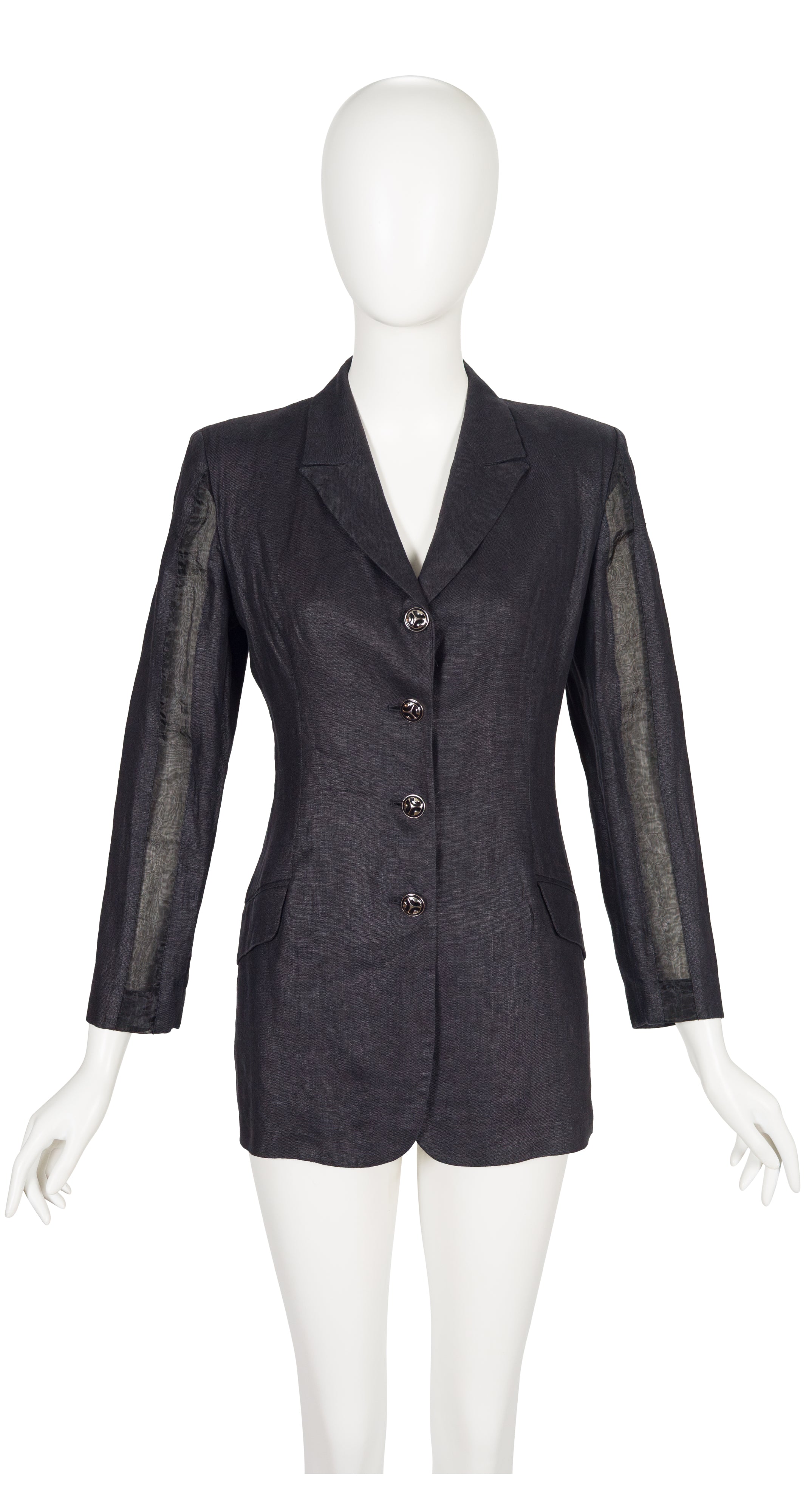 1990s Black Linen Sheer Inset Blazer Jacket