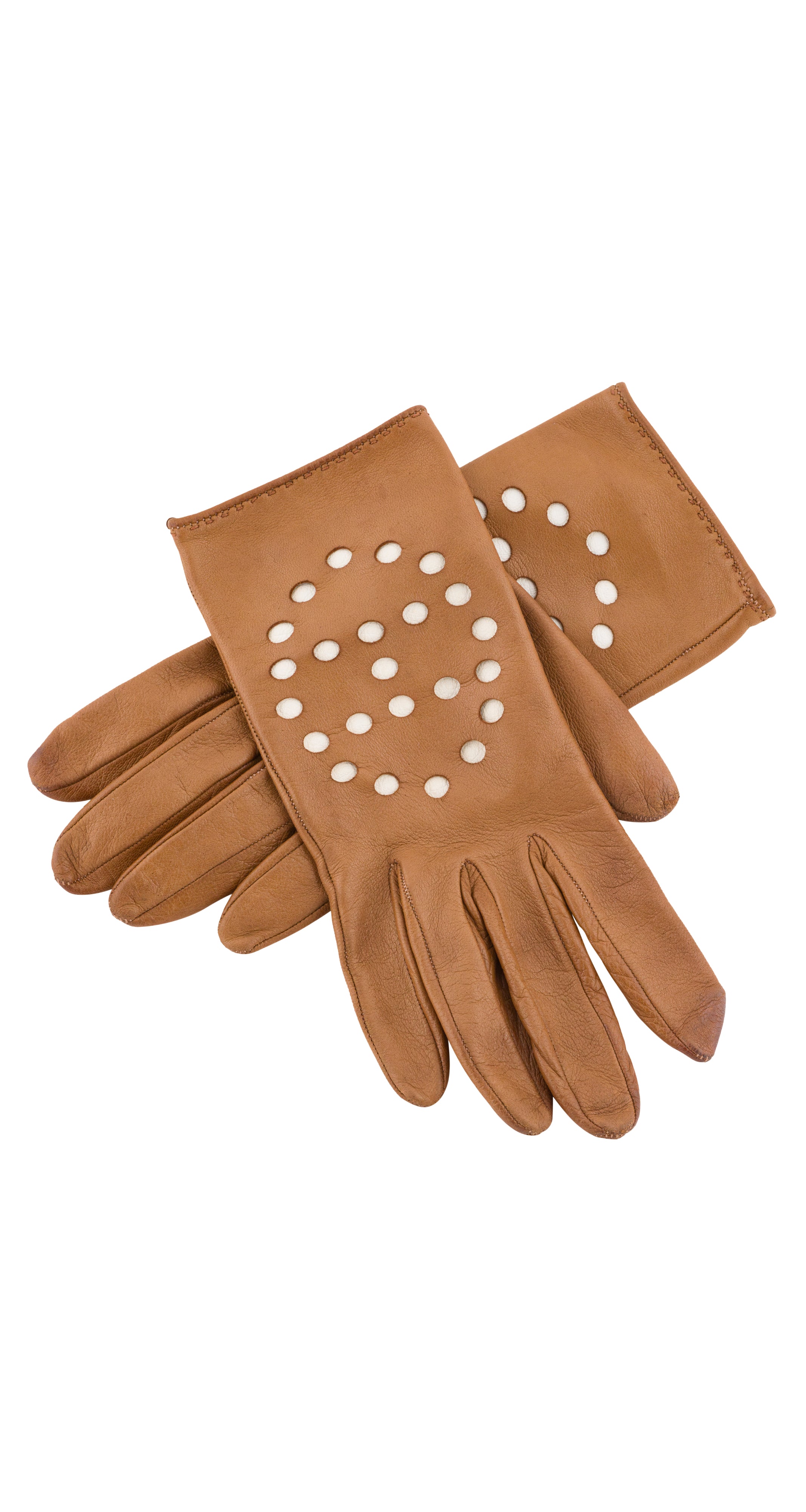 1980s "Evelyne" Tan Perforated Lambskin Leather Gloves