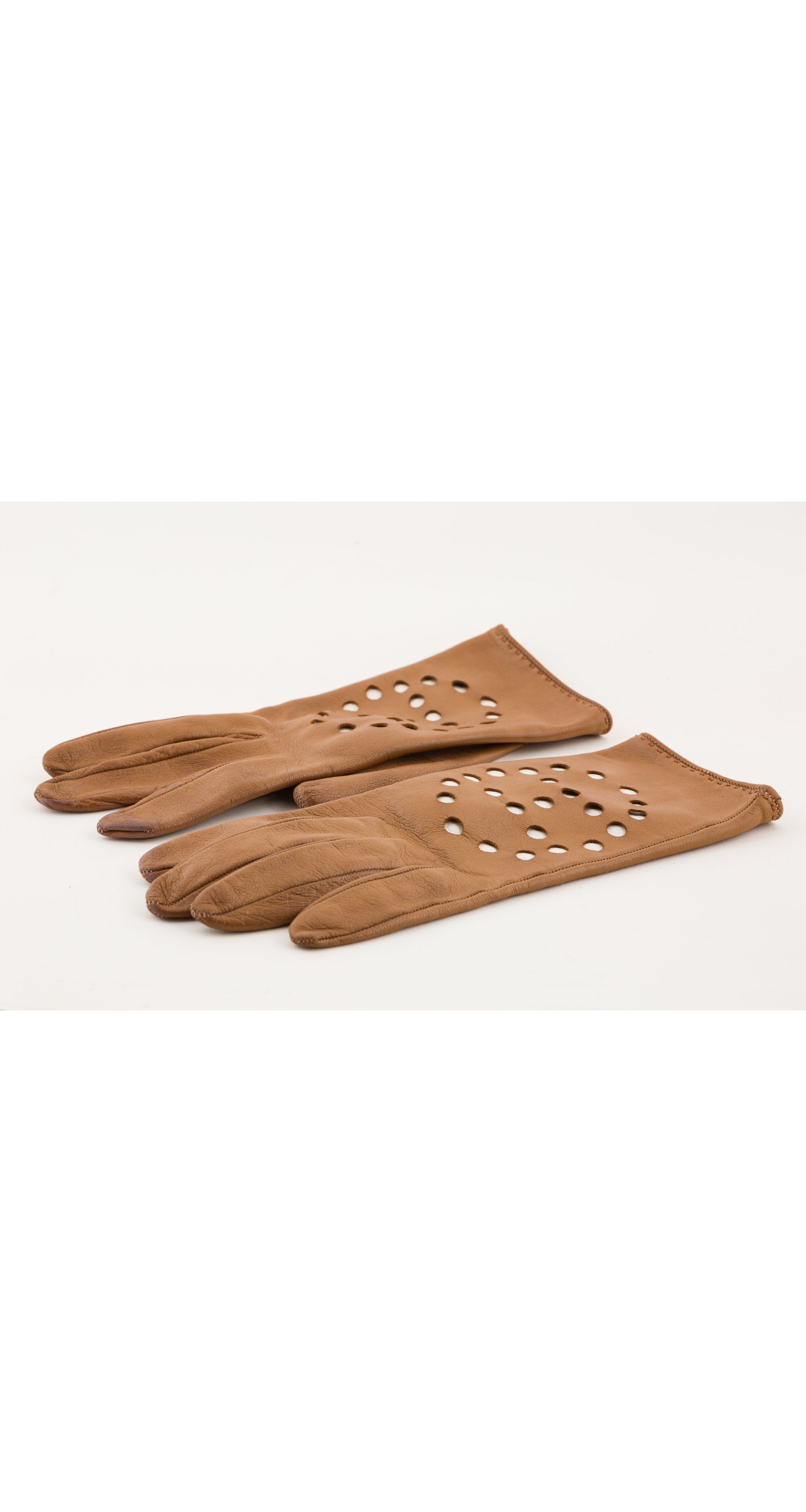 1980s "Evelyne" Tan Perforated Lambskin Leather Gloves
