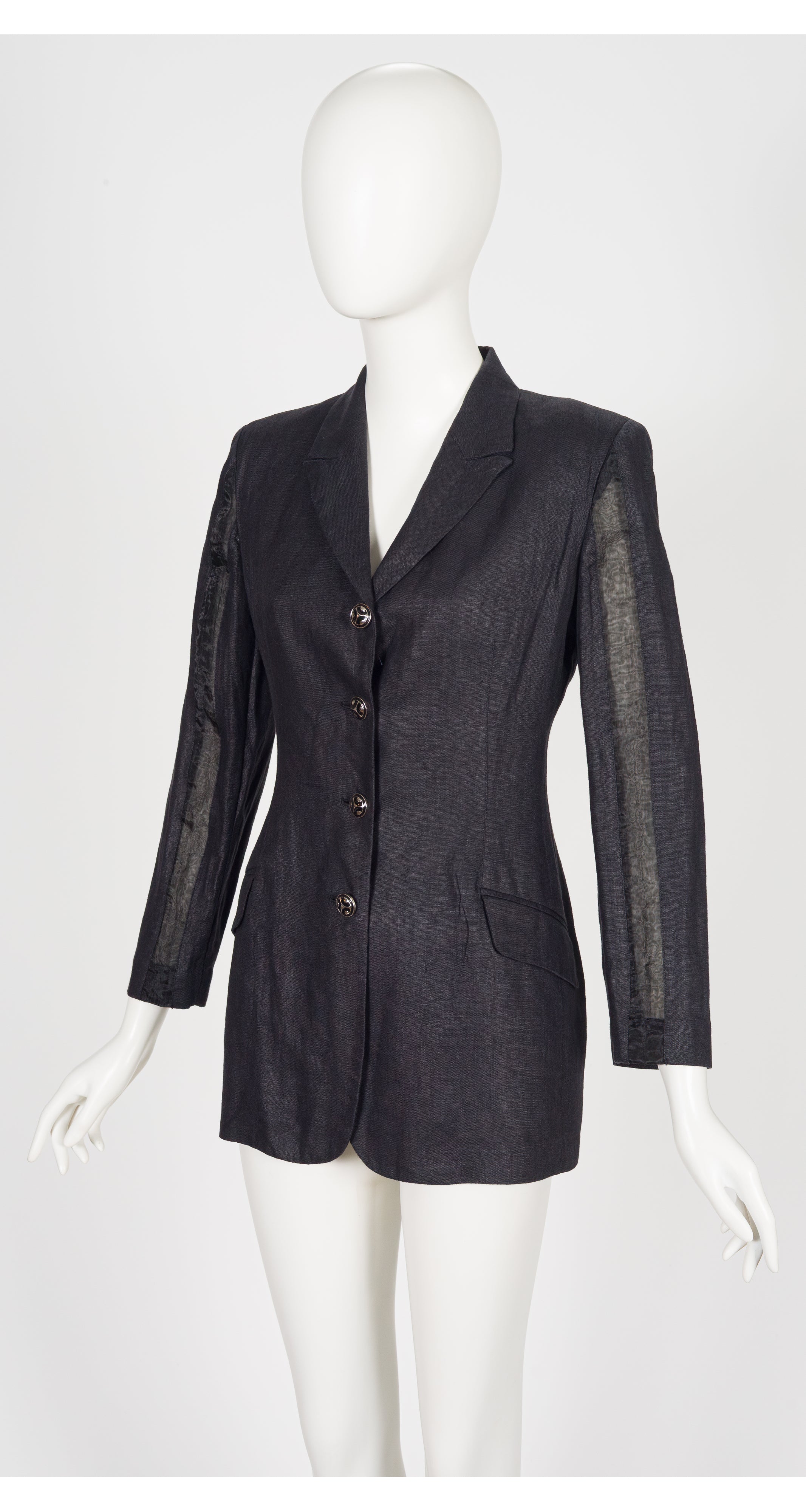 1990s Black Linen Sheer Inset Blazer Jacket
