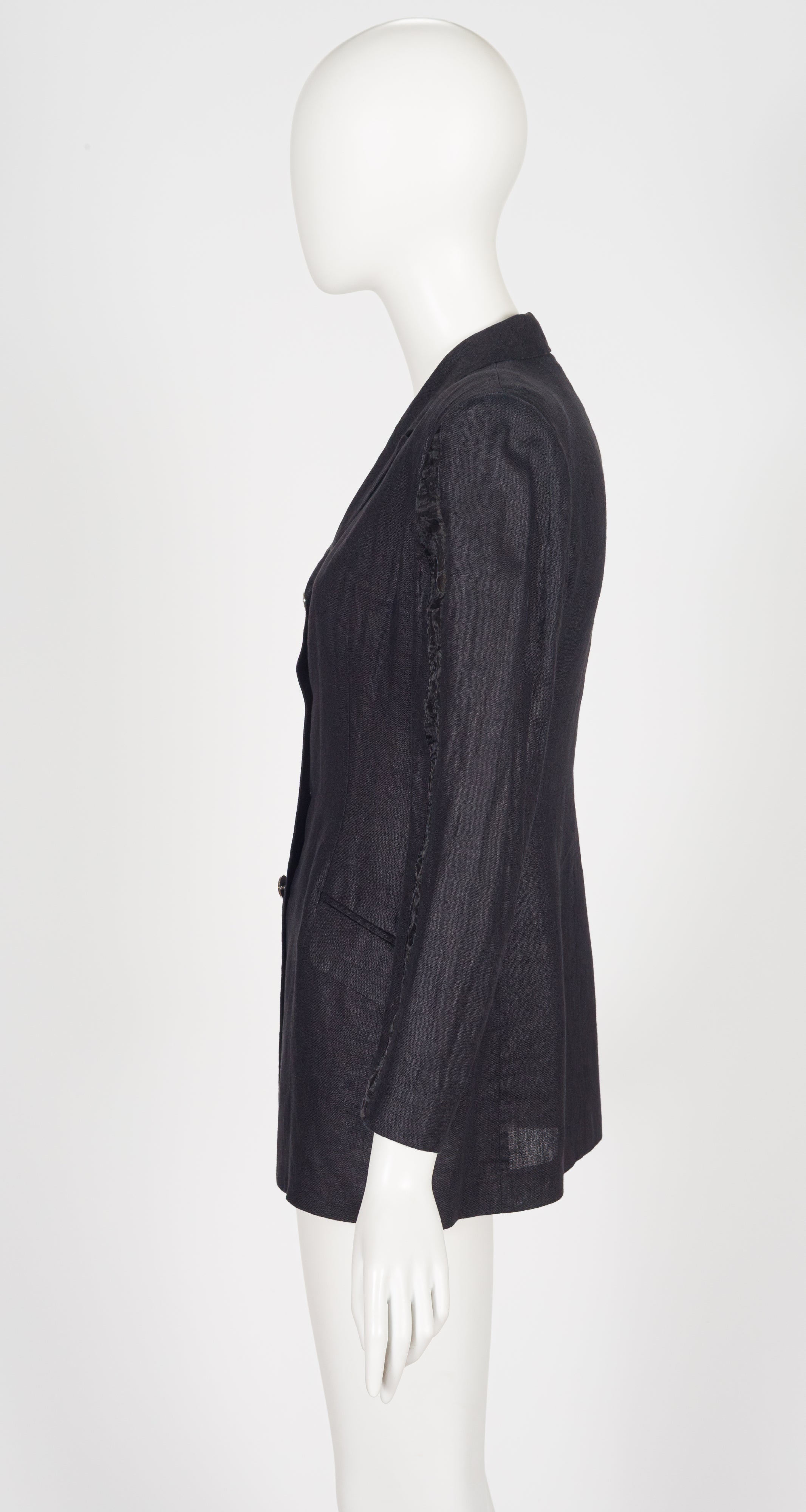 1990s Black Linen Sheer Inset Blazer Jacket