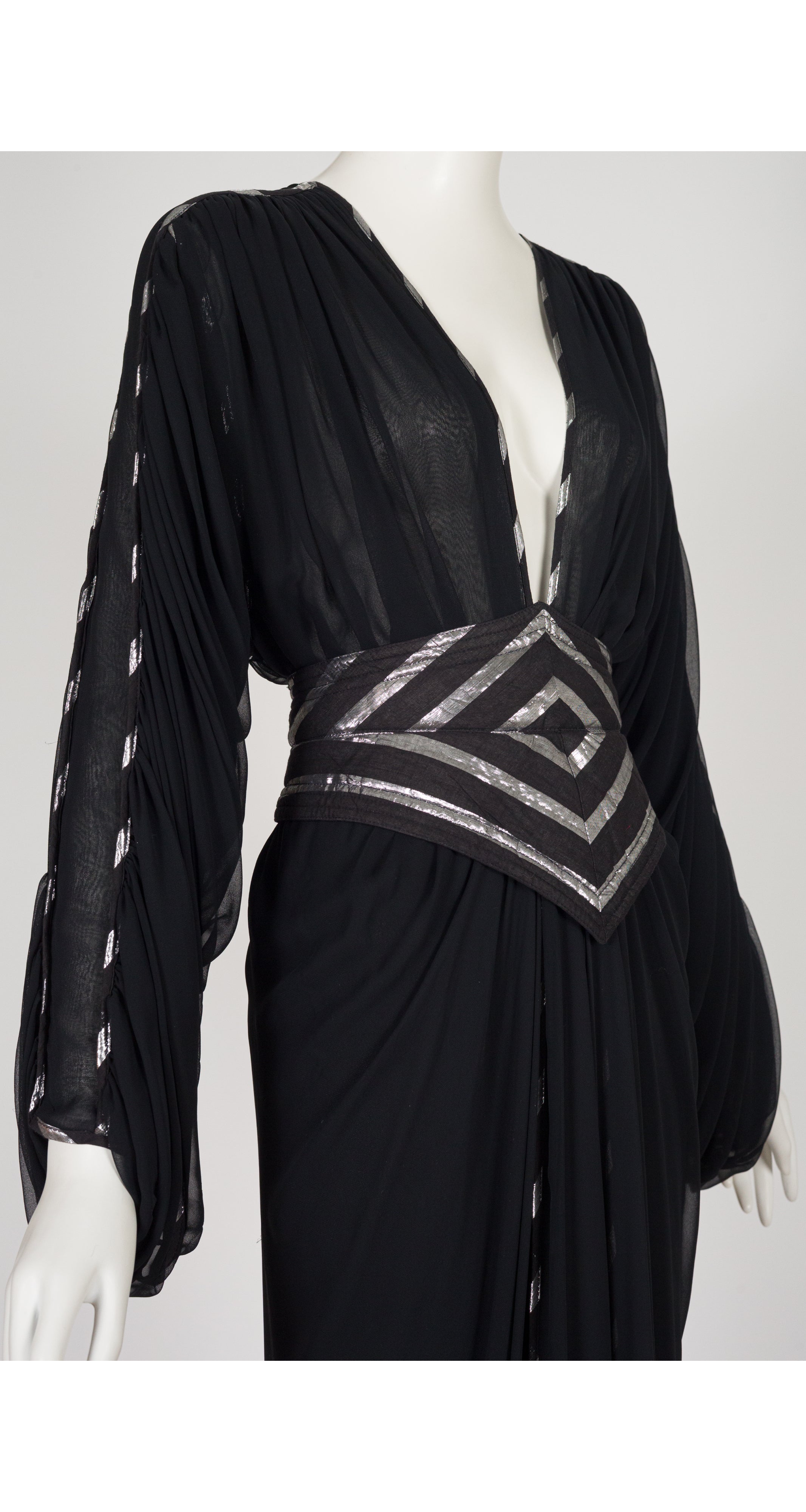 1980s Silver & Black Chiffon Plunge Neck Evening Dress