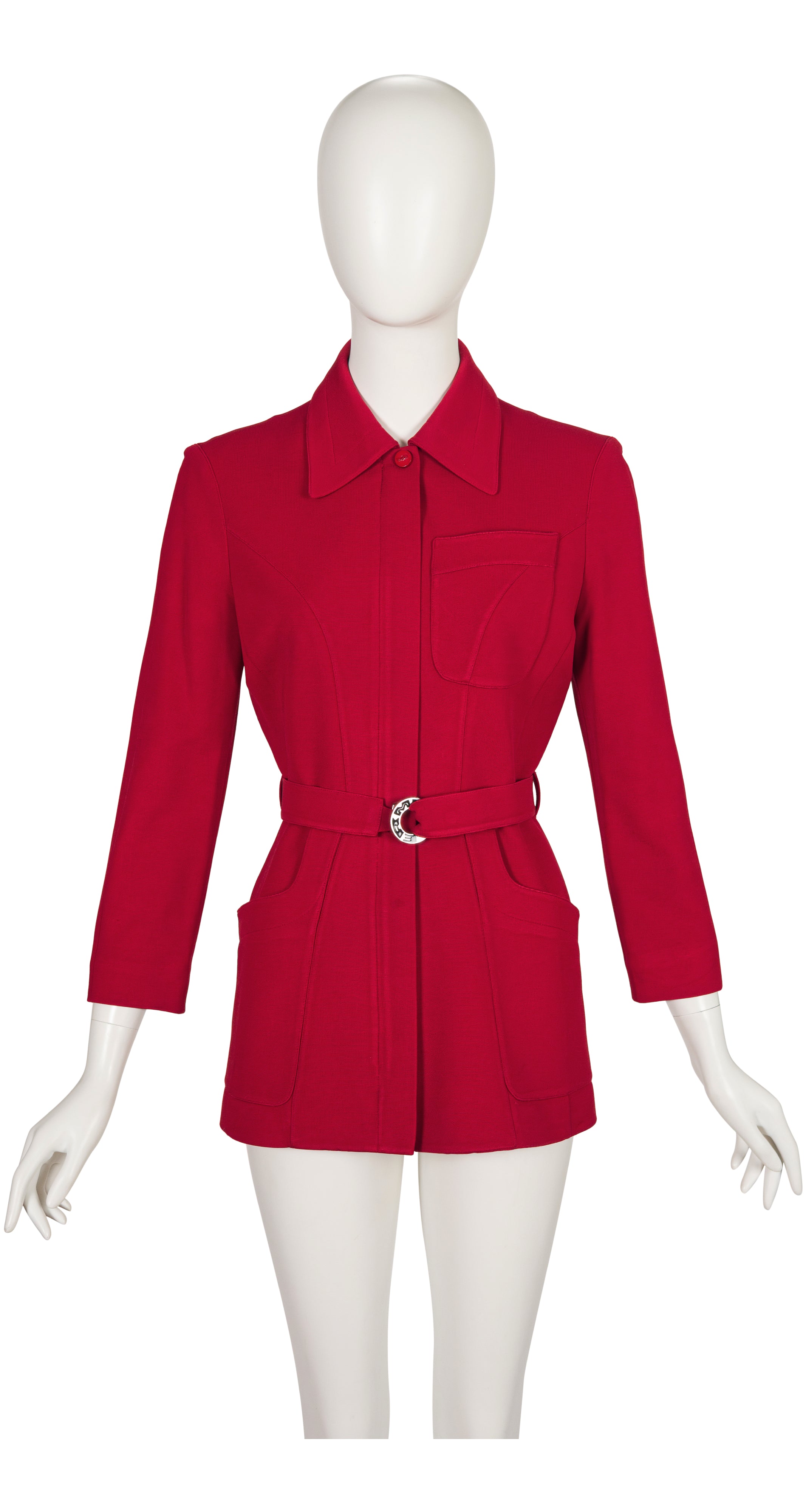 1990s Red Rayon "Mugler"-Buckle Belted Jacket