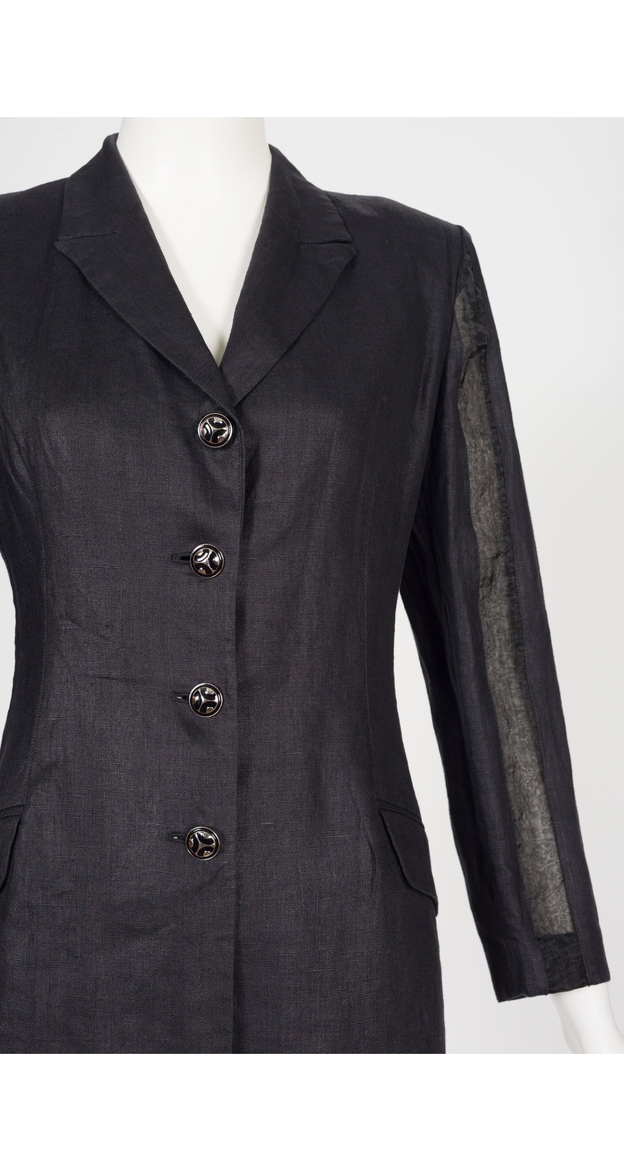 1990s Black Linen Sheer Inset Blazer Jacket