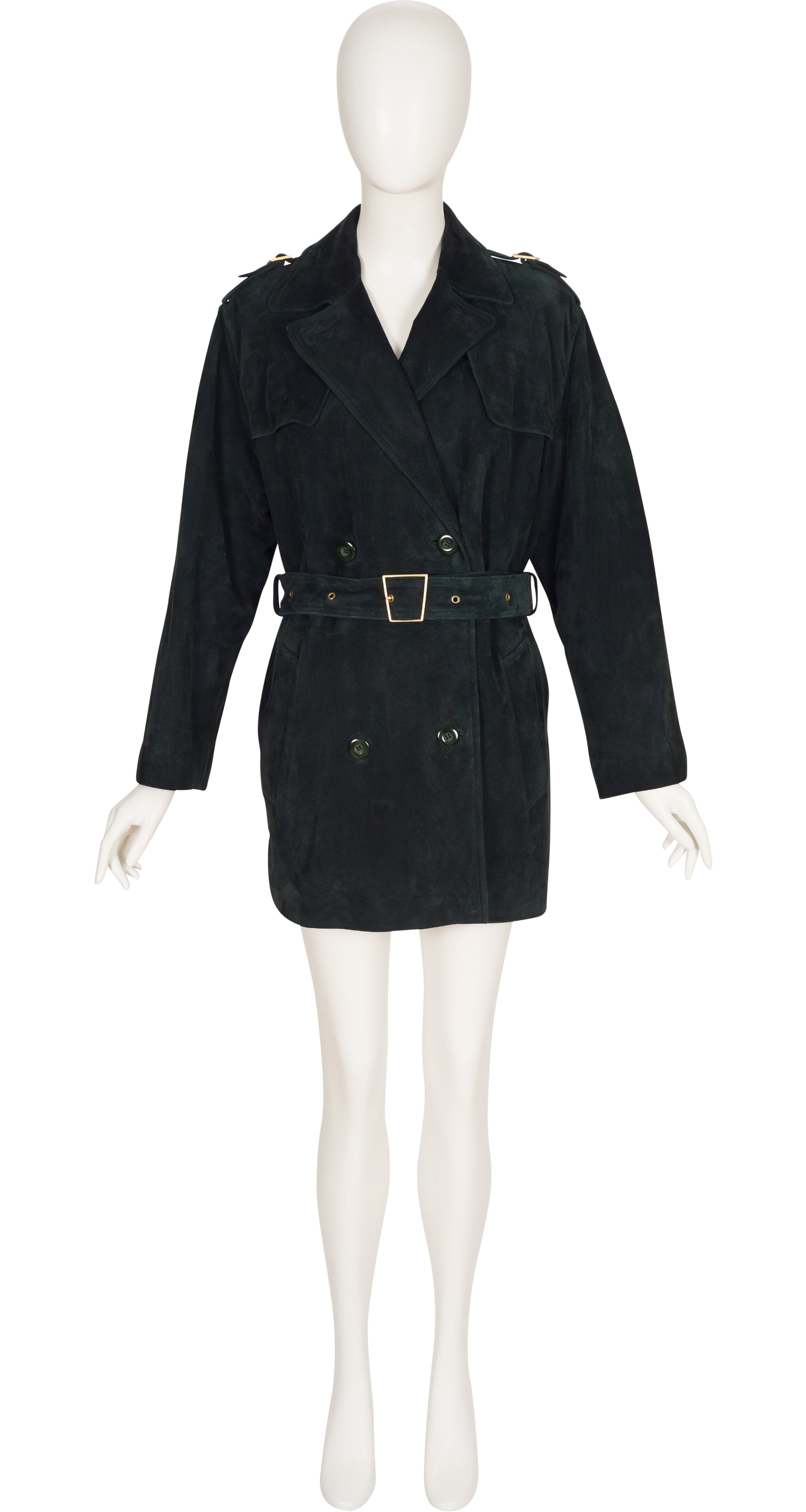 1980s Dark Green Suede Belted Double-Breasted Coat