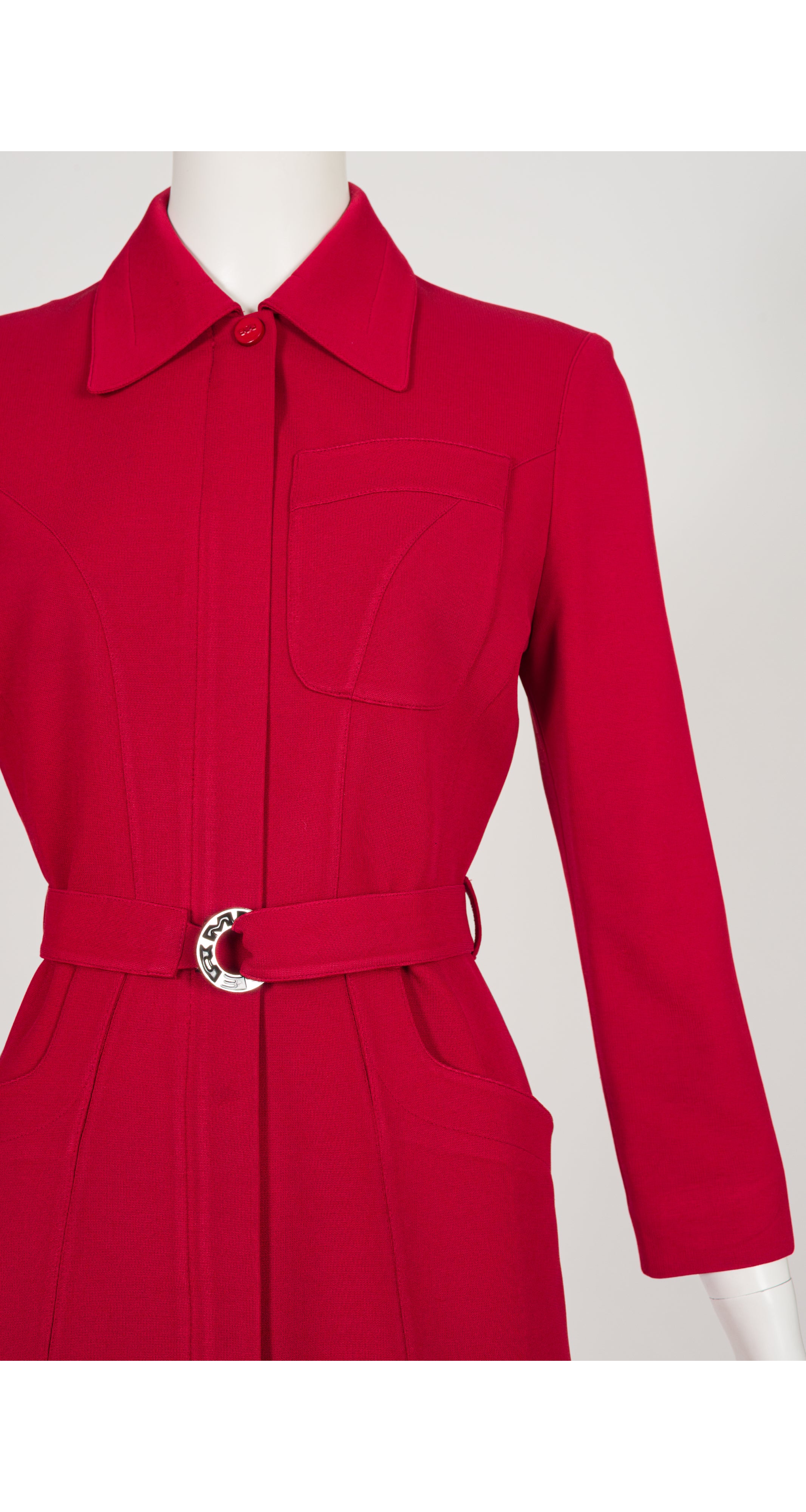 1990s Red Rayon "Mugler"-Buckle Belted Jacket