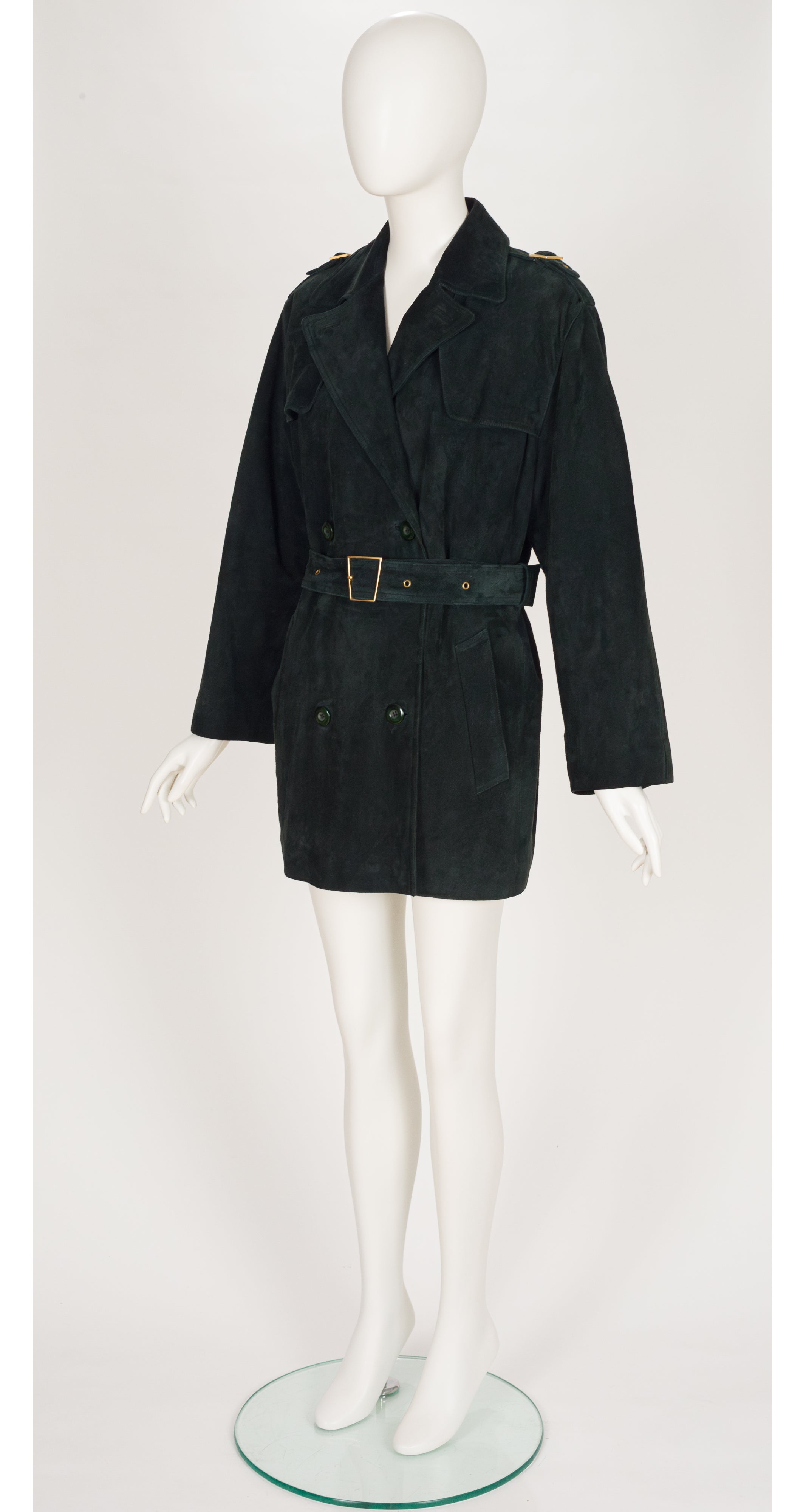 1980s Dark Green Suede Belted Double-Breasted Coat