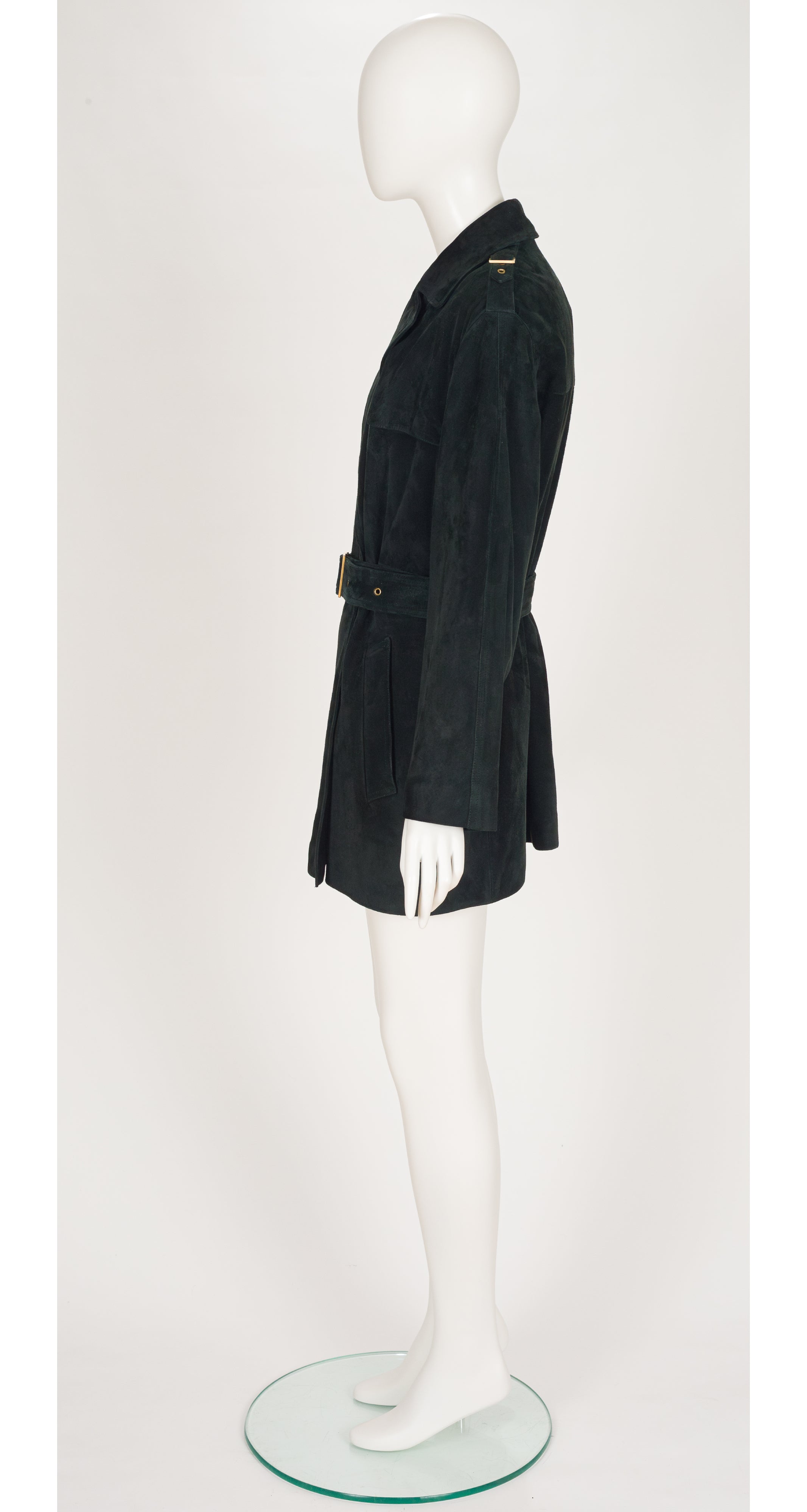 1980s Dark Green Suede Belted Double-Breasted Coat