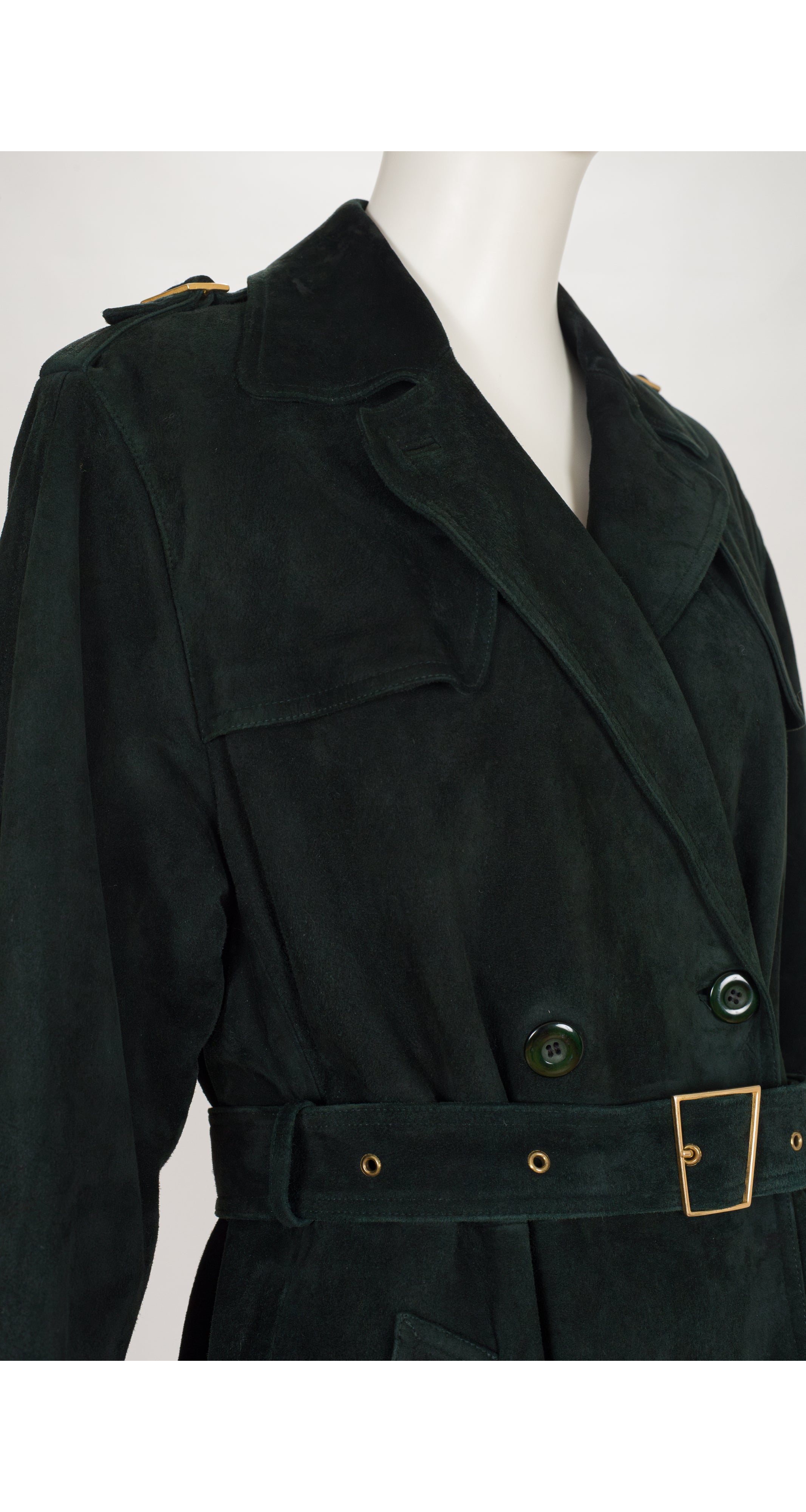 1980s Dark Green Suede Belted Double-Breasted Coat