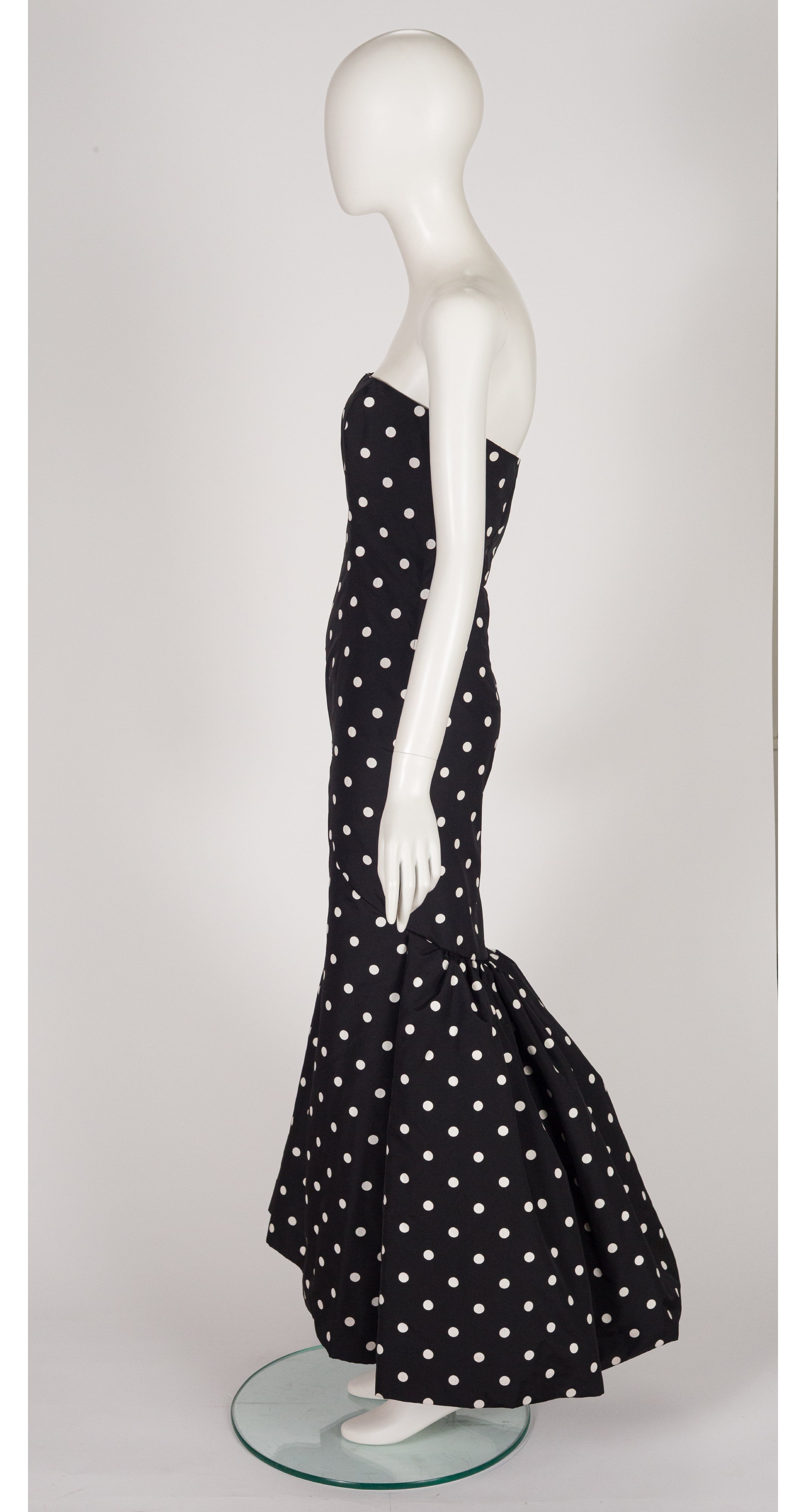 1980s Black & White Polka Dot Strapless Mermaid Gown
