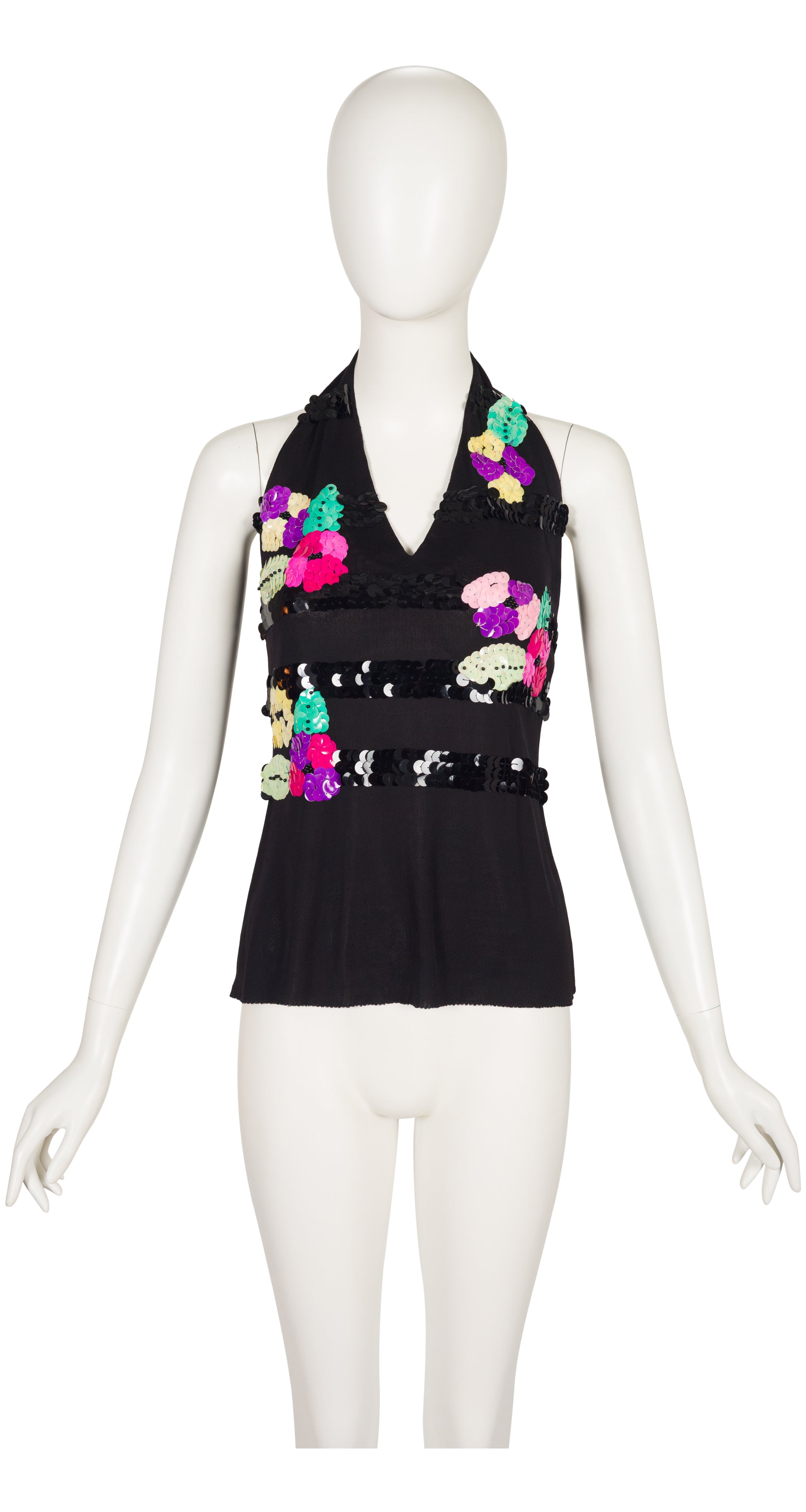 1970s Sequin Black Viscose Jersey Halter Top