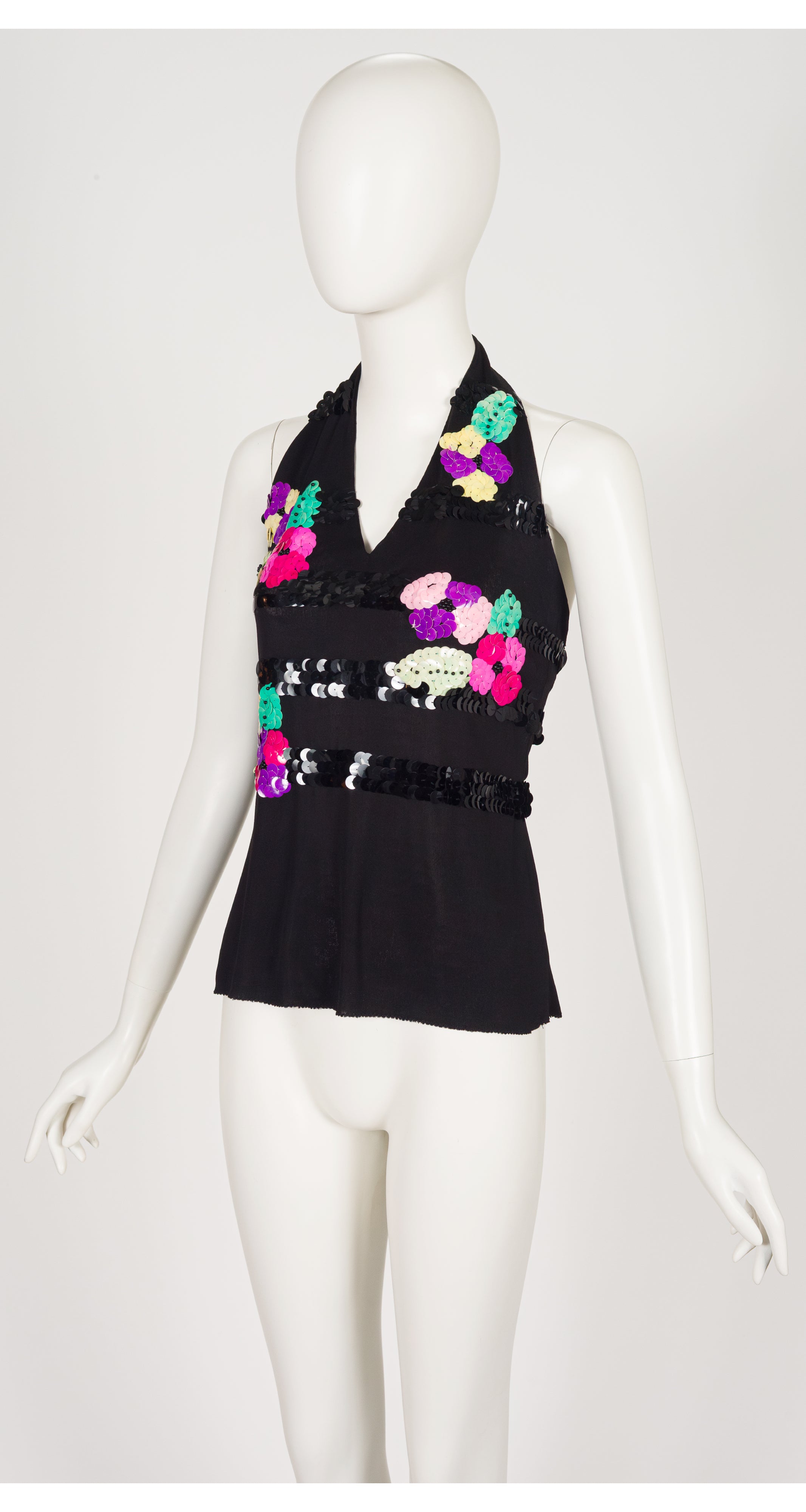 1970s Sequin Black Viscose Jersey Halter Top