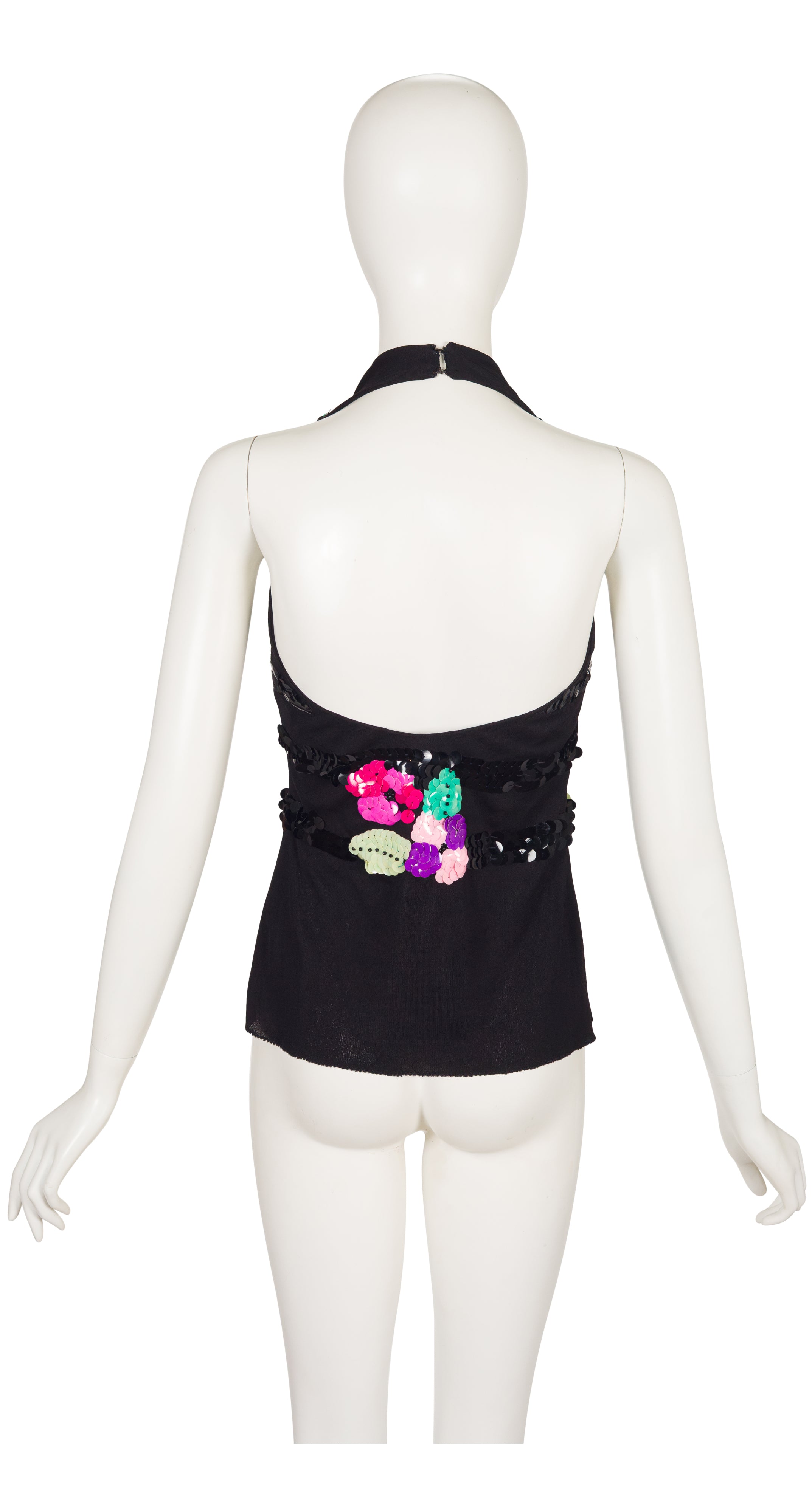 1970s Sequin Black Viscose Jersey Halter Top