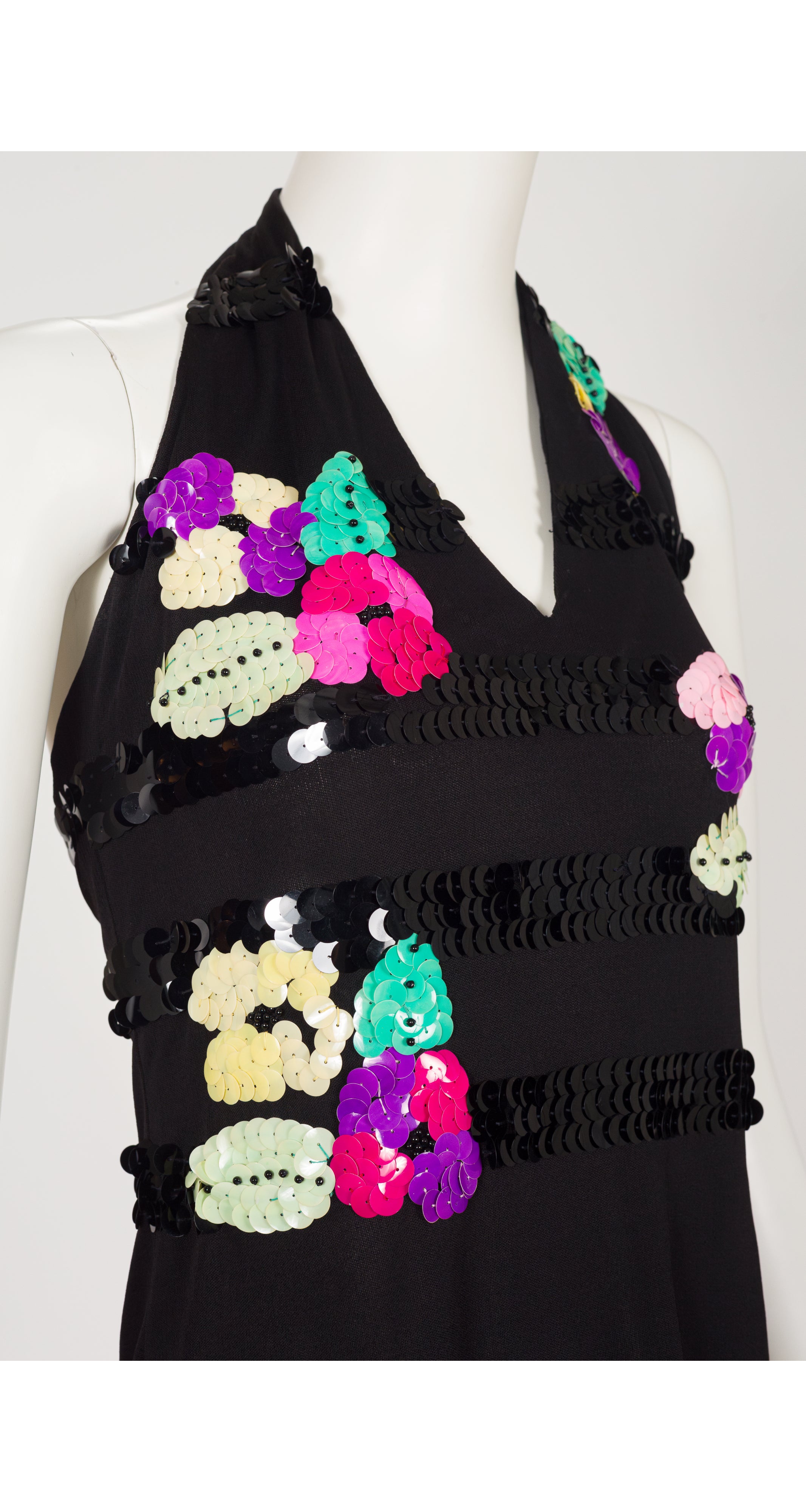 1970s Sequin Black Viscose Jersey Halter Top