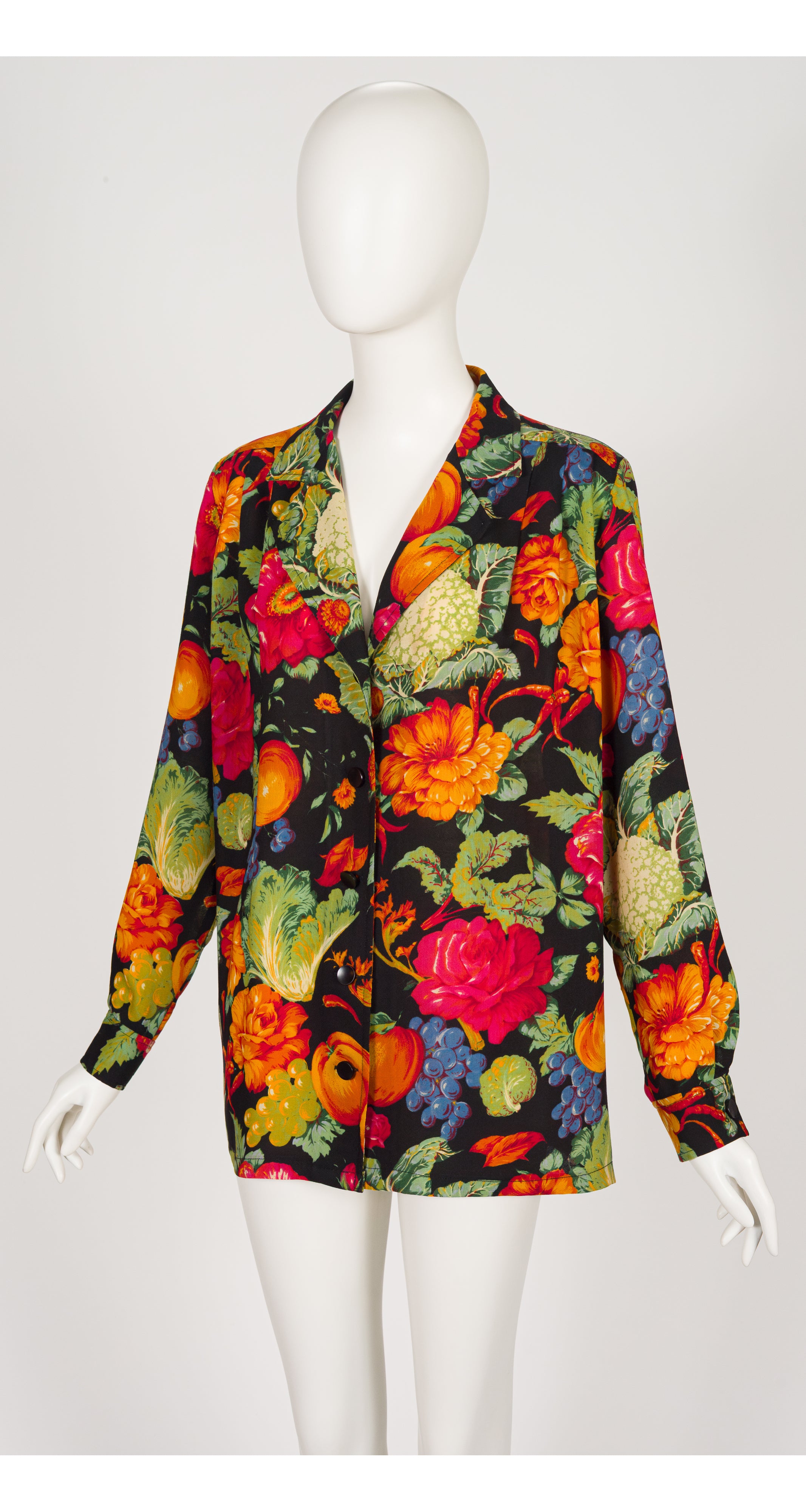 1990s Vegetable Print Black Wool Challis Collared Blouse