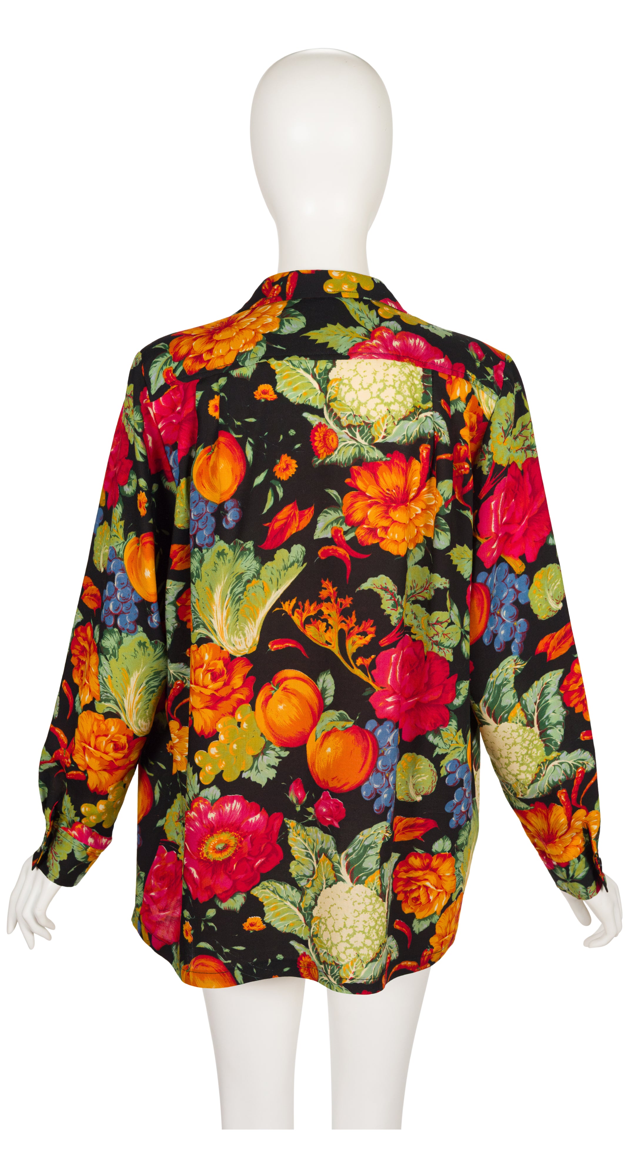 1990s Vegetable Print Black Wool Challis Collared Blouse