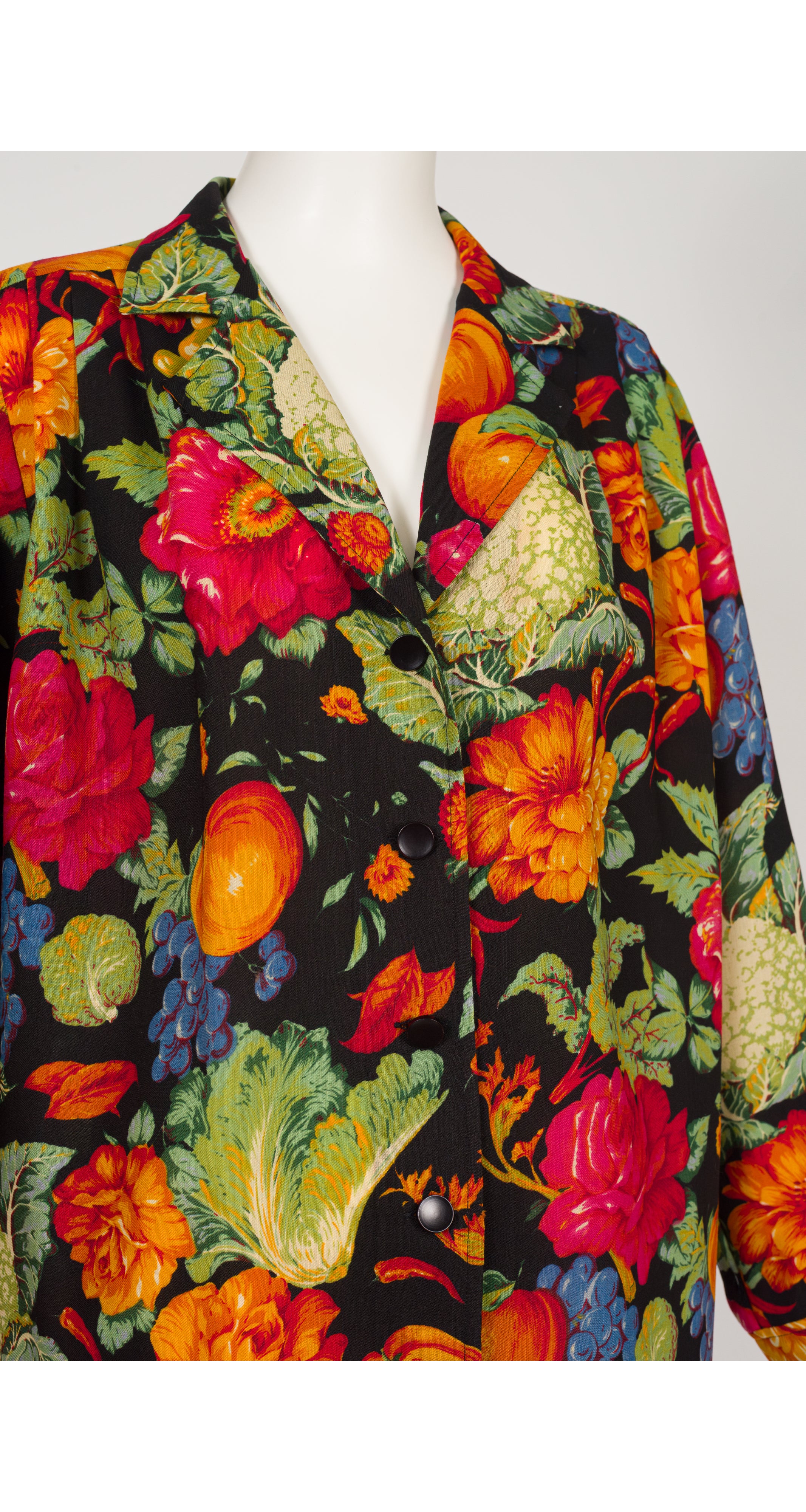 1990s Vegetable Print Black Wool Challis Collared Blouse