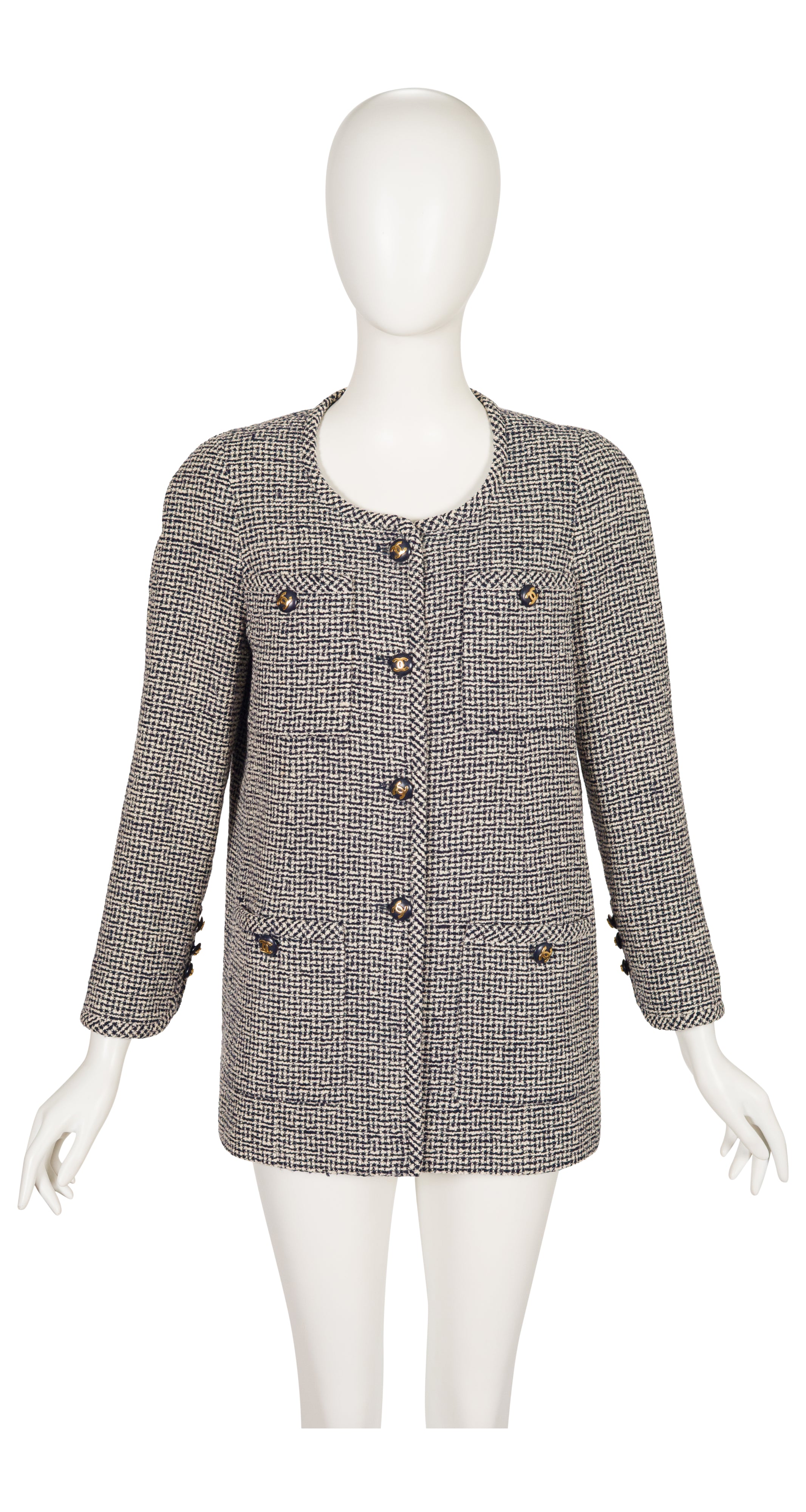 1990s Black & Cream Bouclé Logo Button Jacket