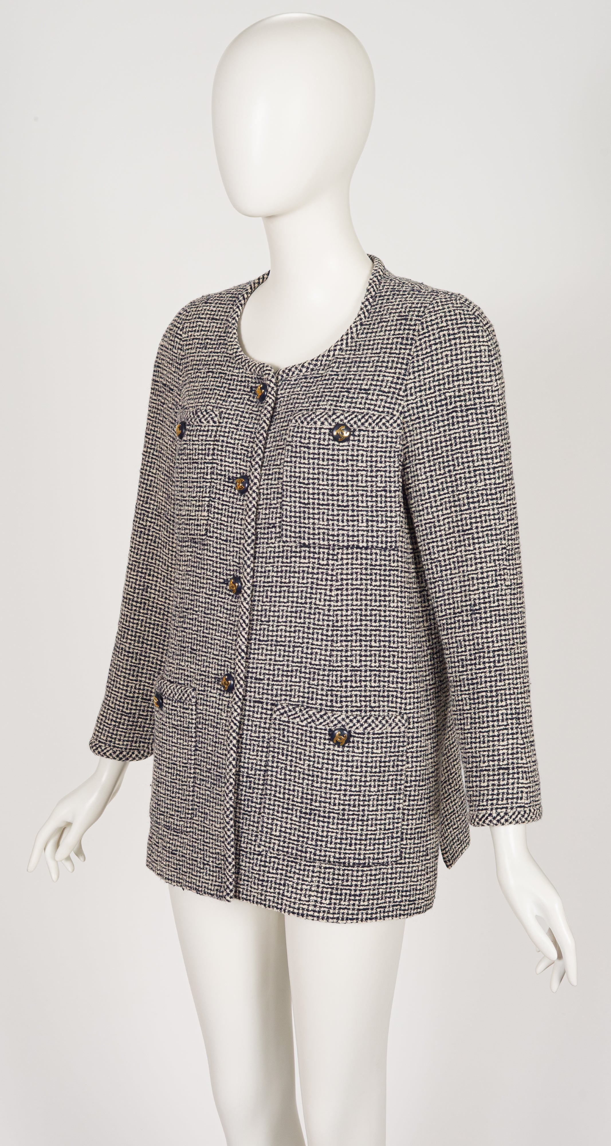 1990s Black & Cream Bouclé Logo Button Jacket