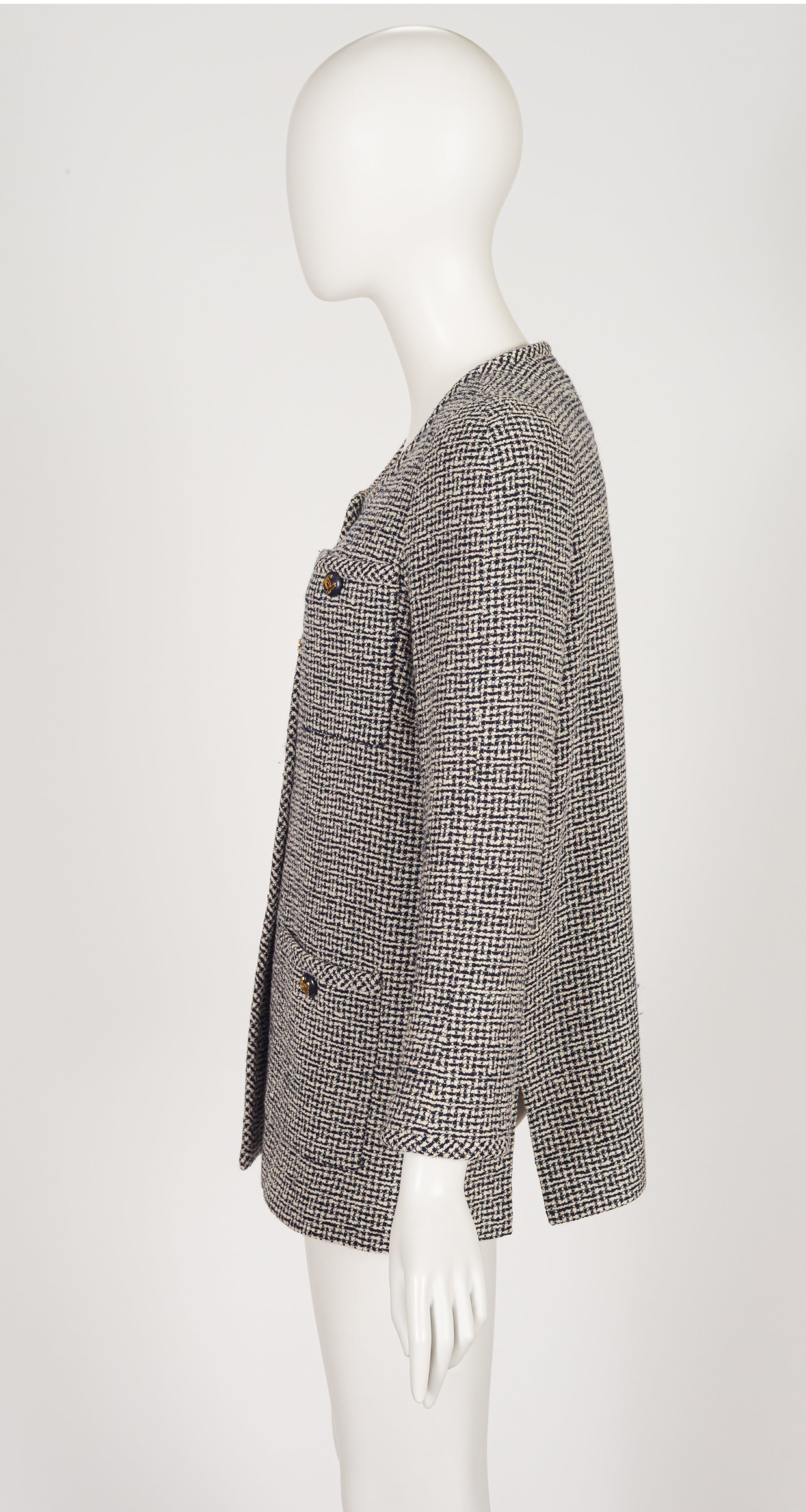 1990s Black & Cream Bouclé Logo Button Jacket