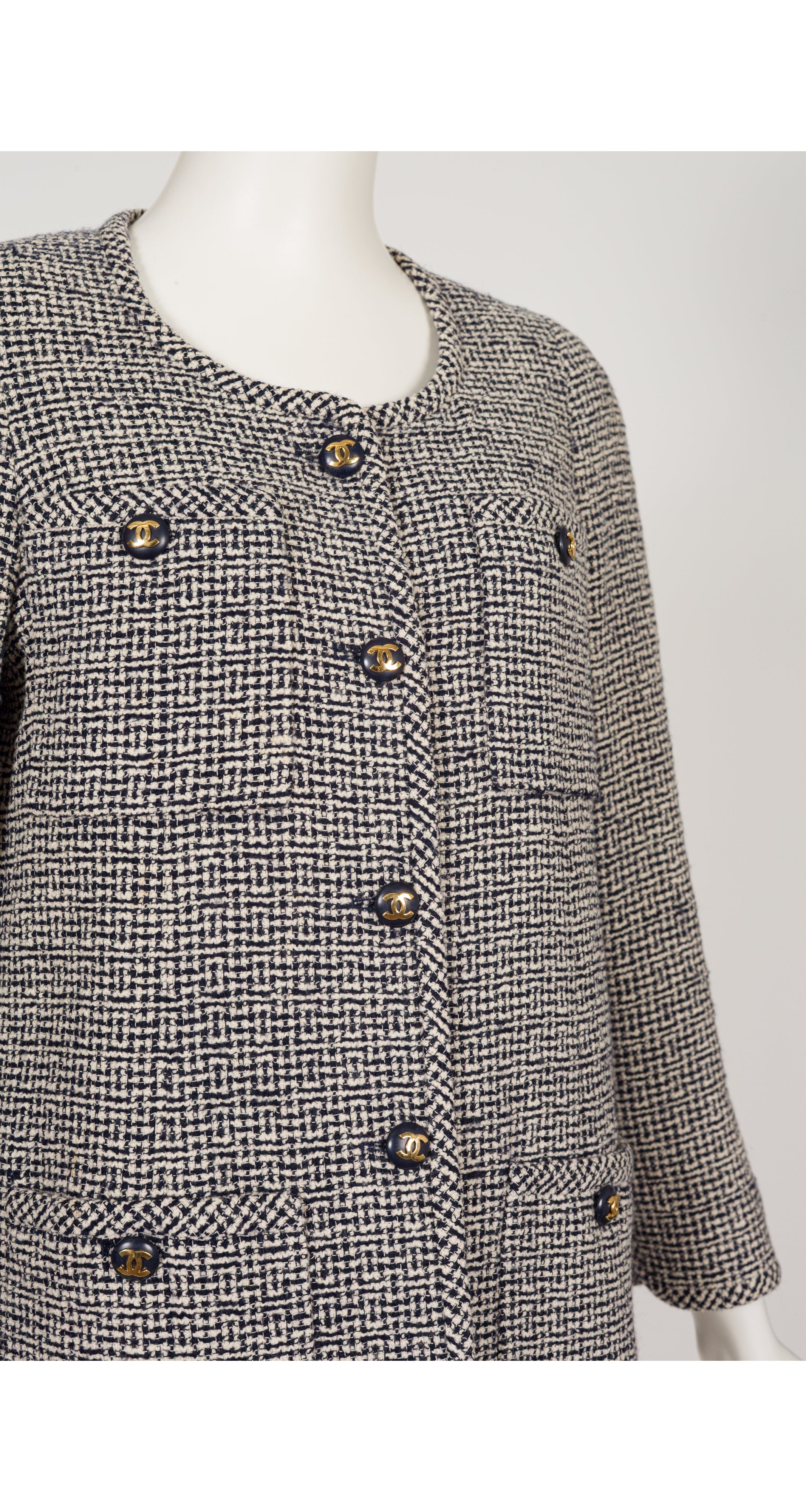 1990s Black & Cream Bouclé Logo Button Jacket