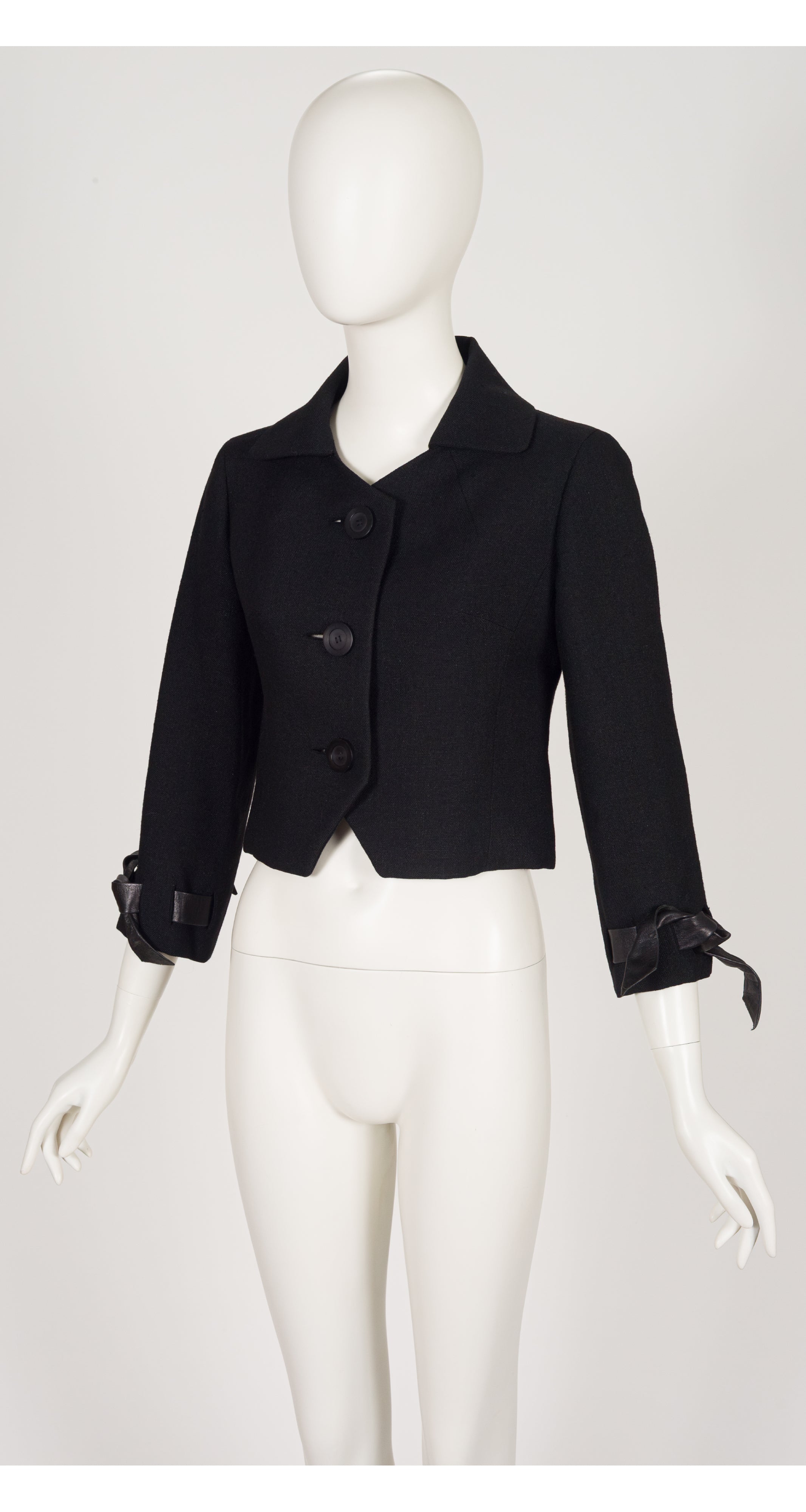 1960s Black Wool Leather Tie Cuff Cropped Jacket