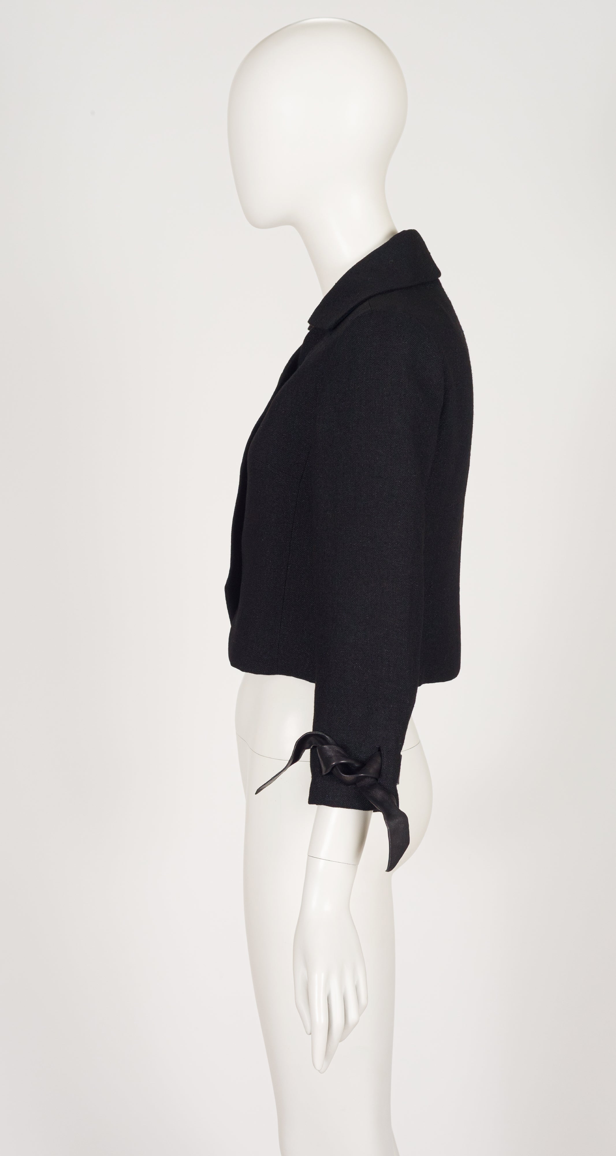 1960s Black Wool Leather Tie Cuff Cropped Jacket