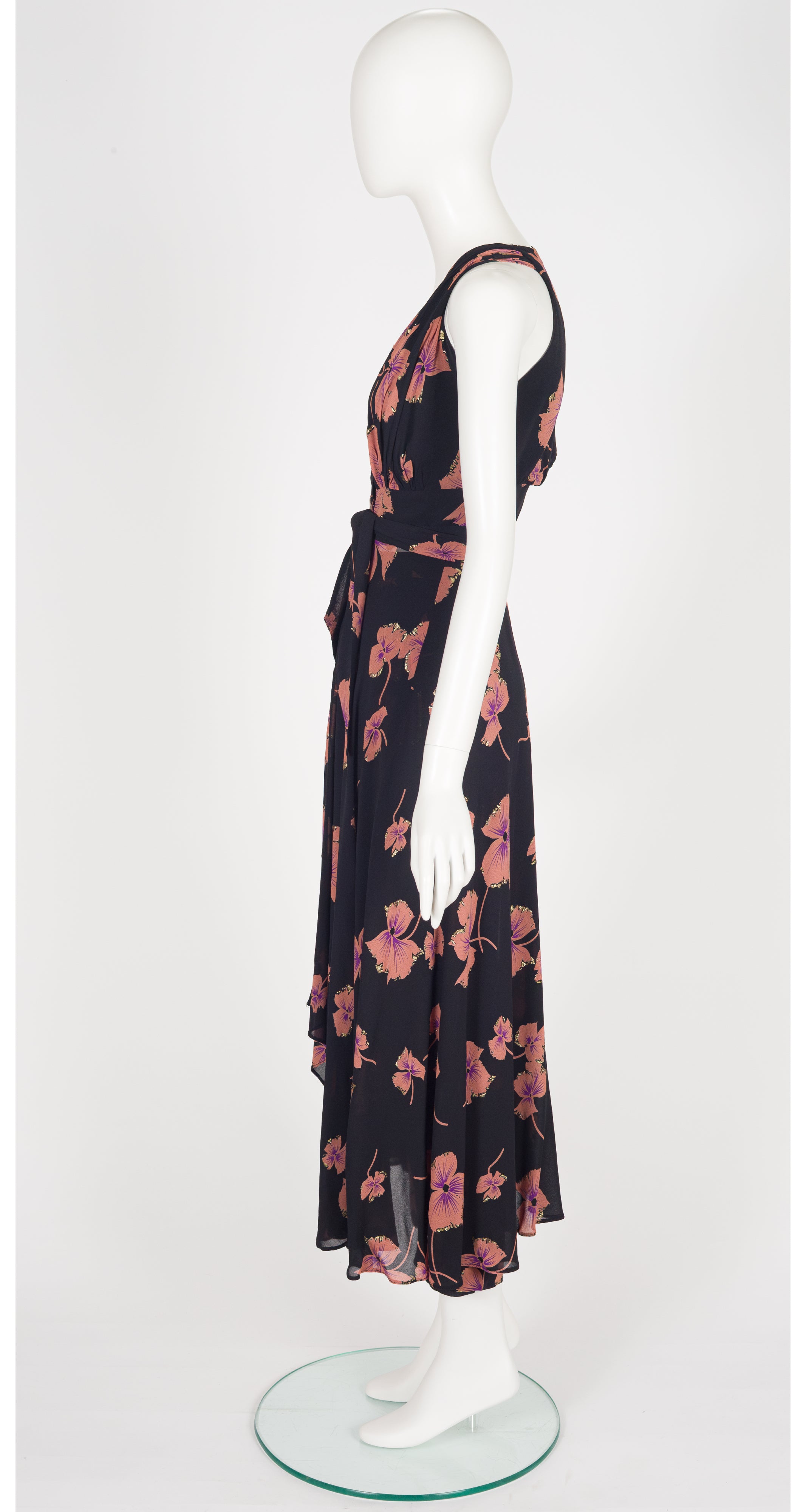 1970s Floral Lurex Black Chiffon Dress & Trouser Set