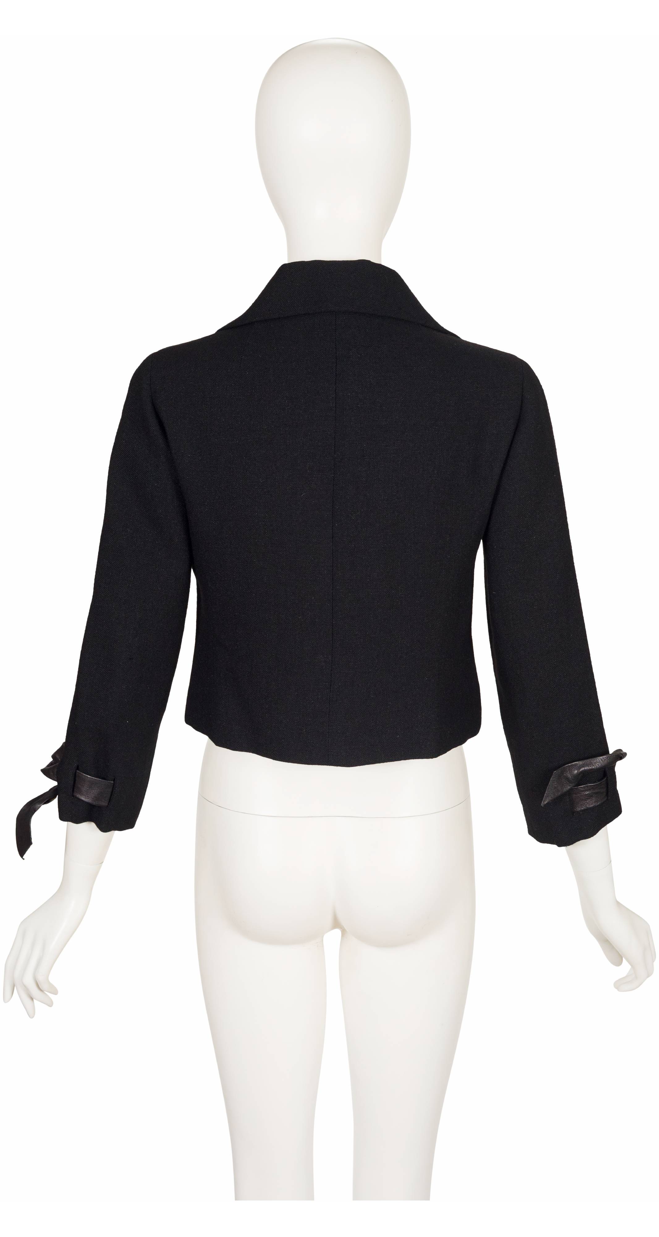 1960s Black Wool Leather Tie Cuff Cropped Jacket