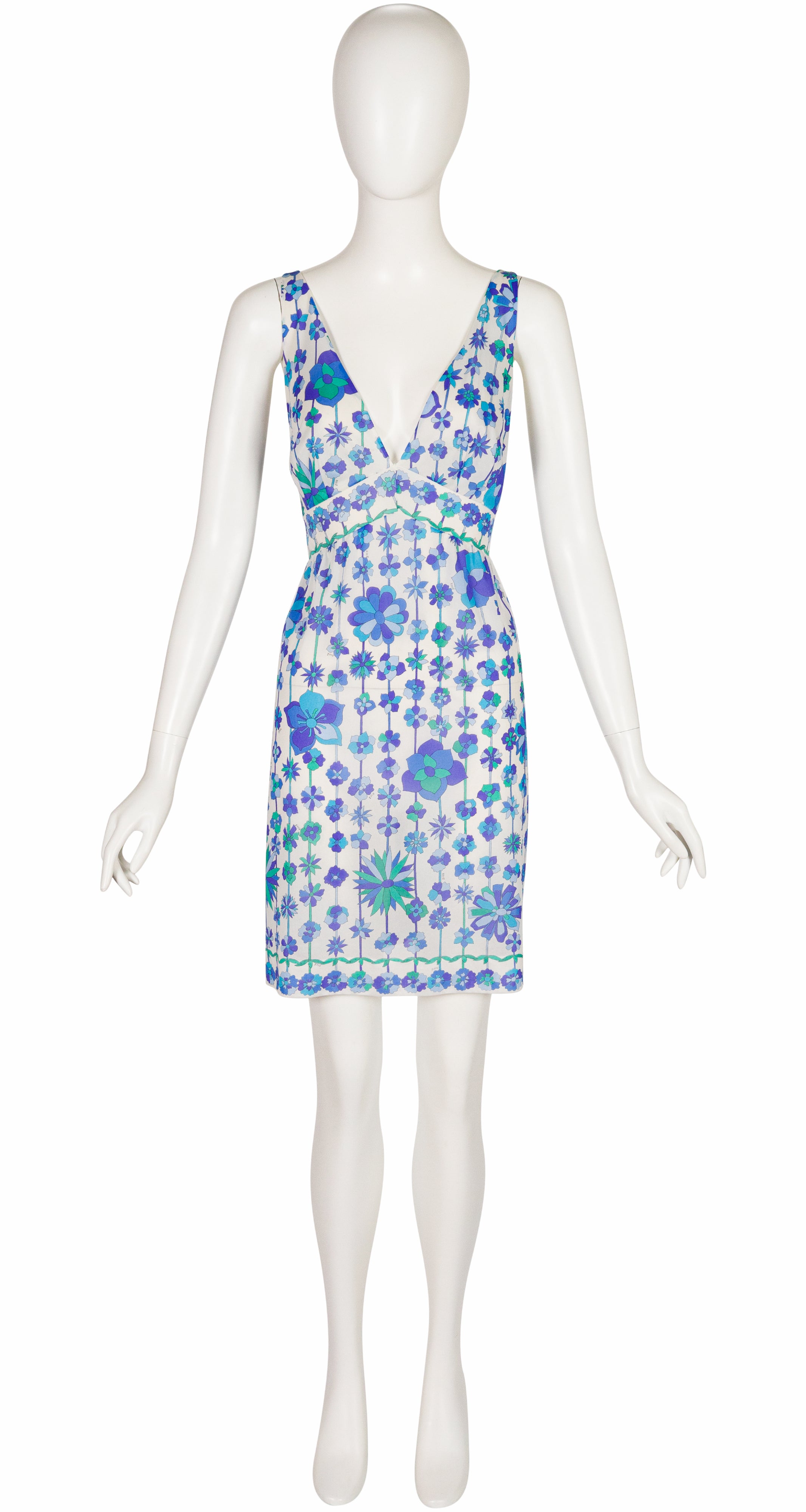 1960s Blue & Green Floral Print Deep V-Neck Nightgown