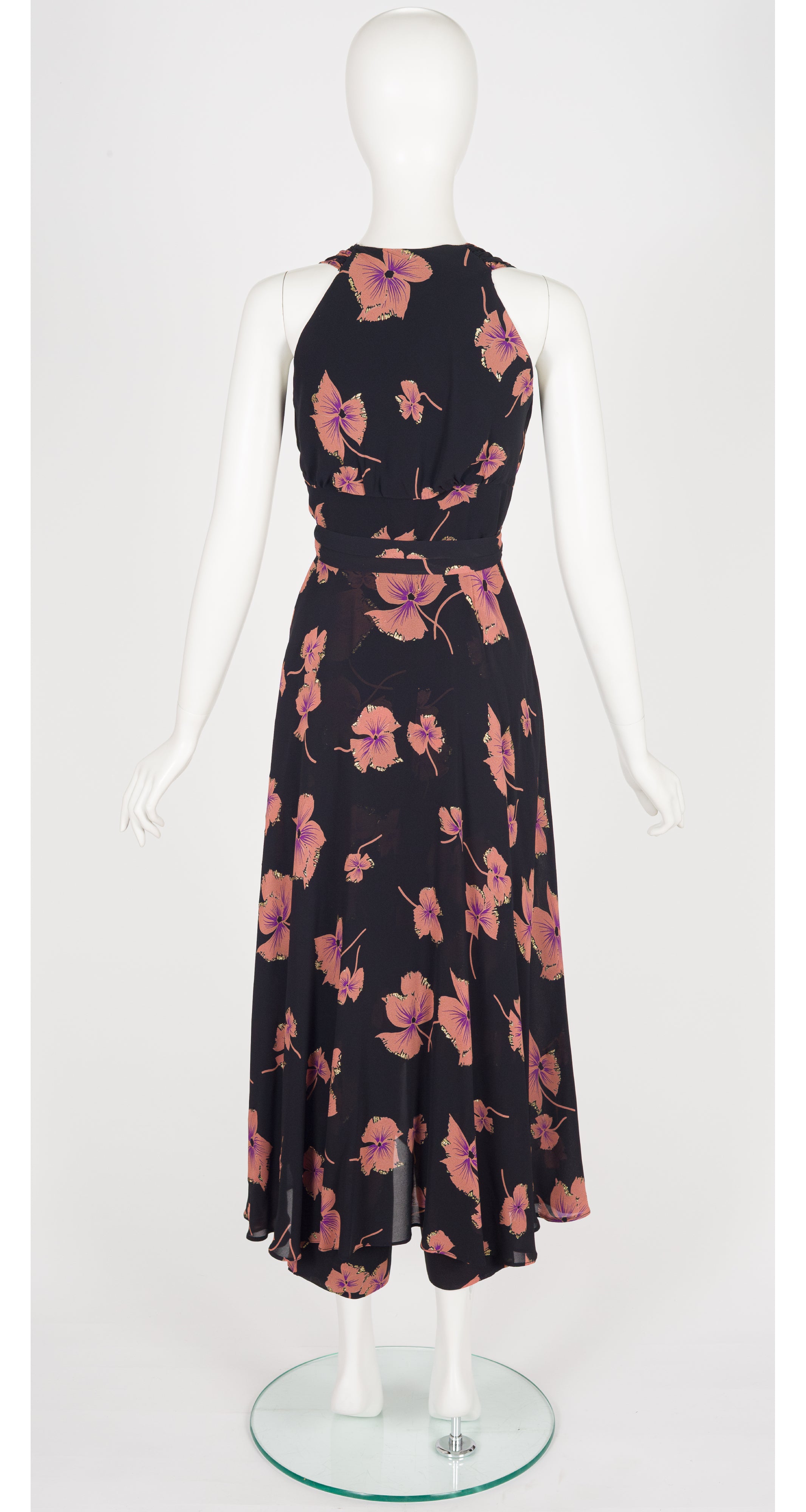 1970s Floral Lurex Black Chiffon Dress & Trouser Set