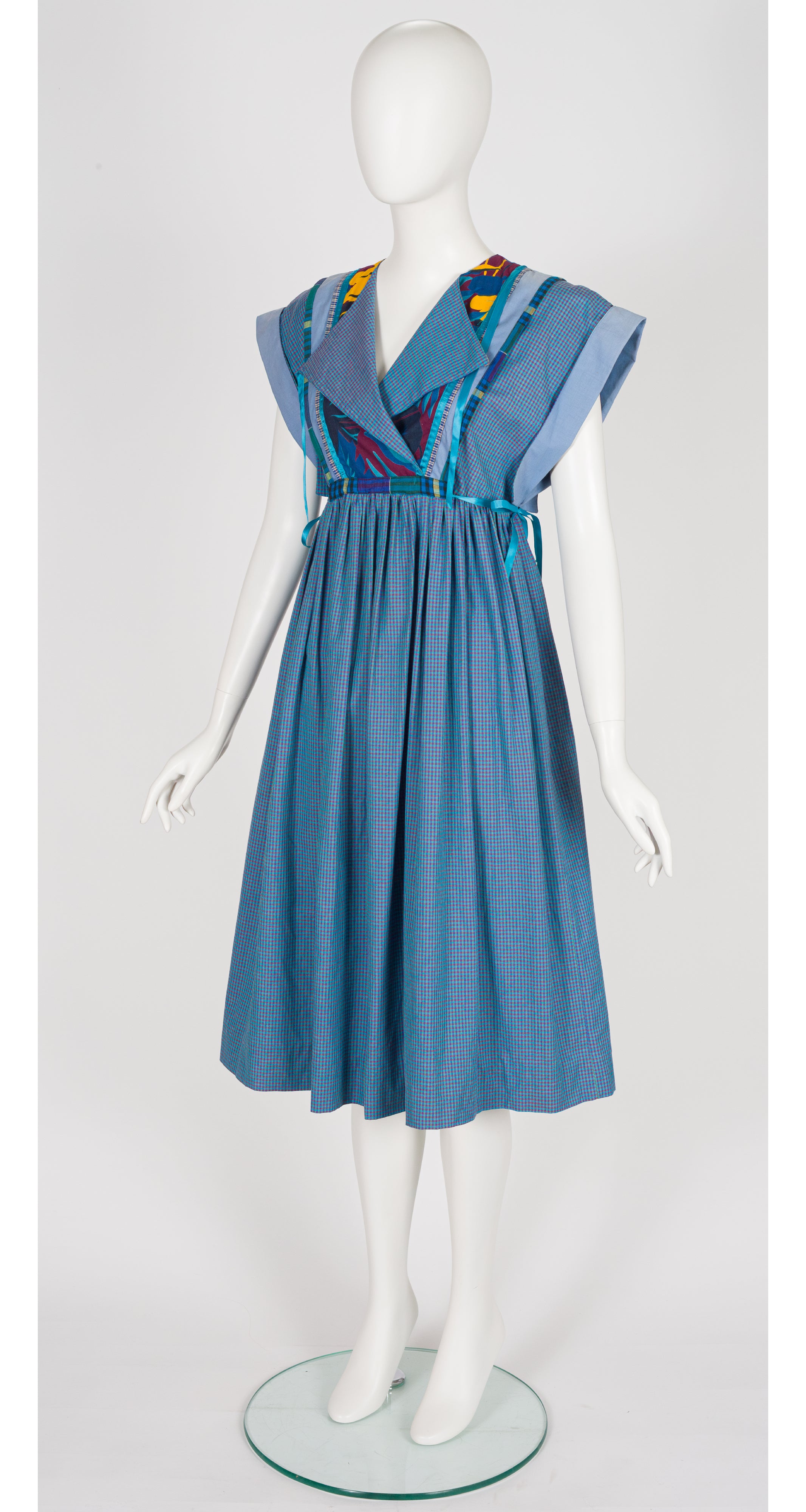 1980s Mixed Print Blue Gingham Cotton Bib Dress