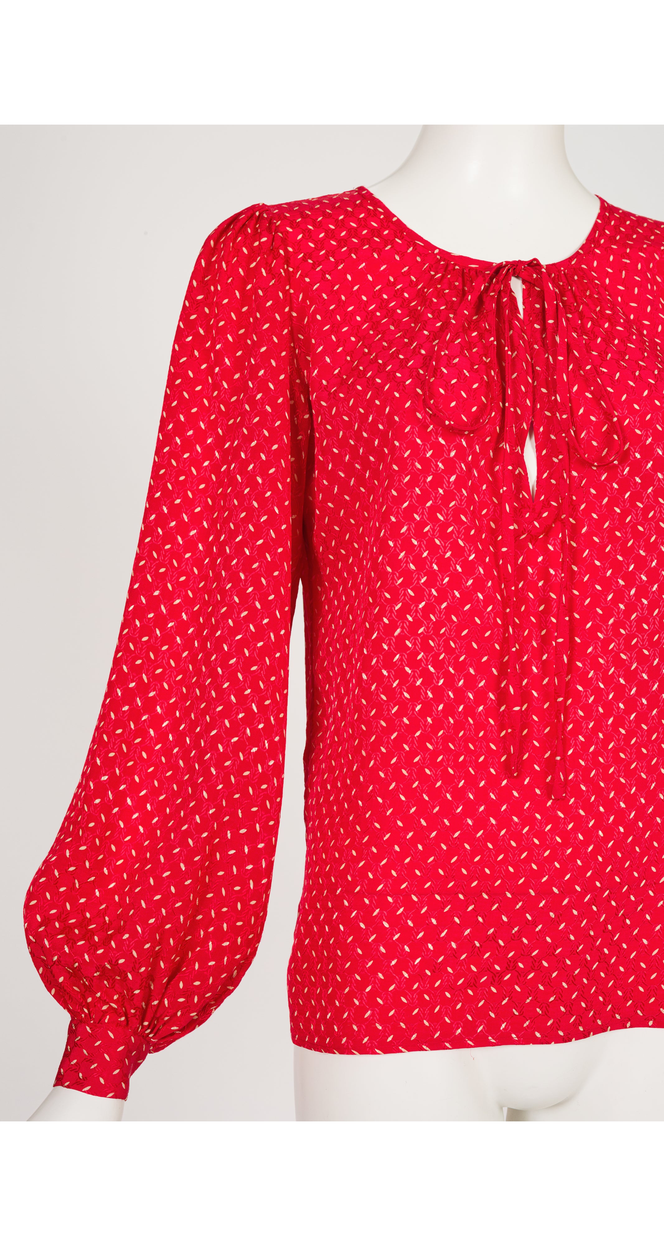 1970s Confetti Print Red Silk Bishop Sleeve Blouse