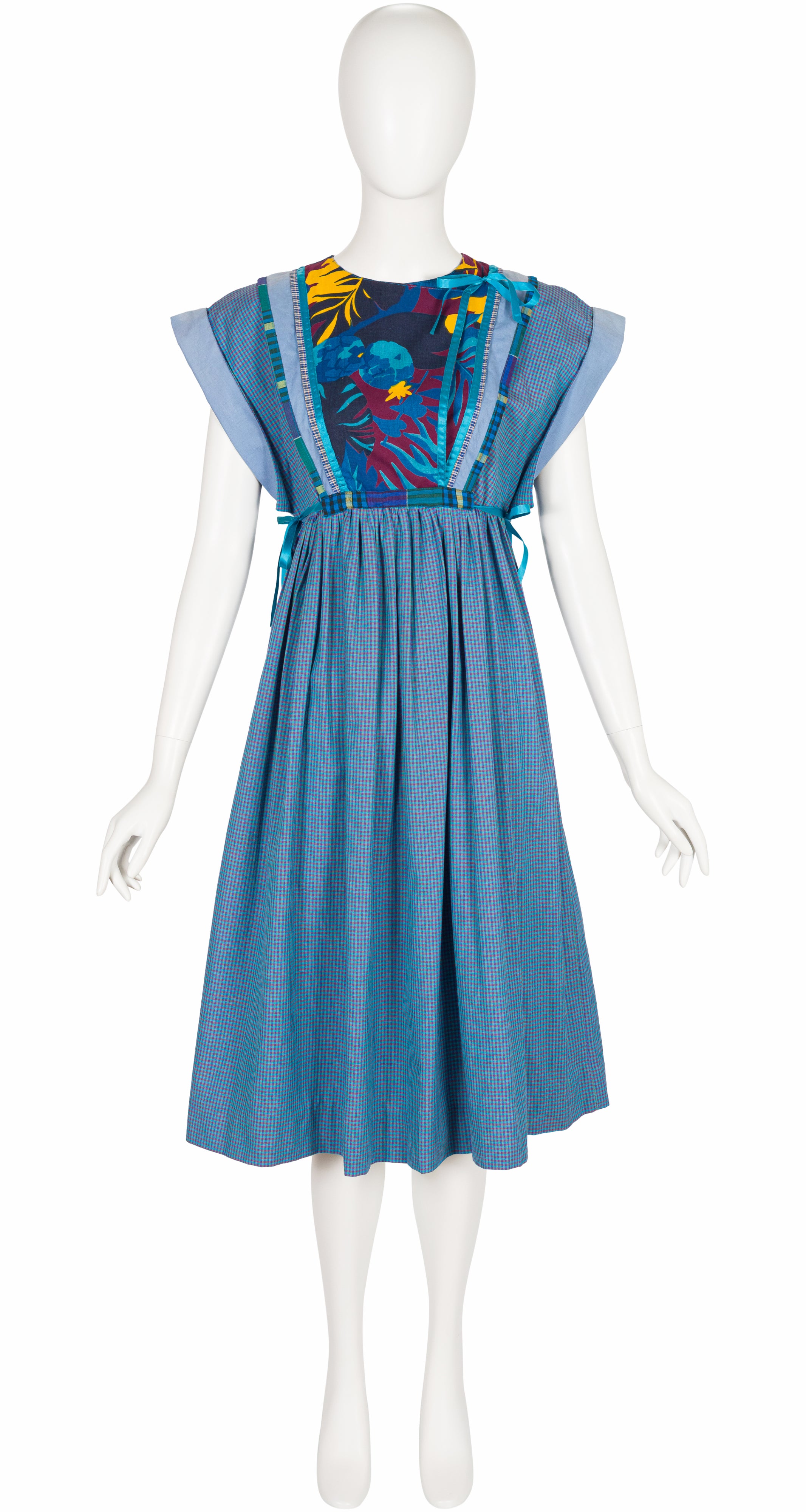 1980s Mixed Print Blue Gingham Cotton Bib Dress