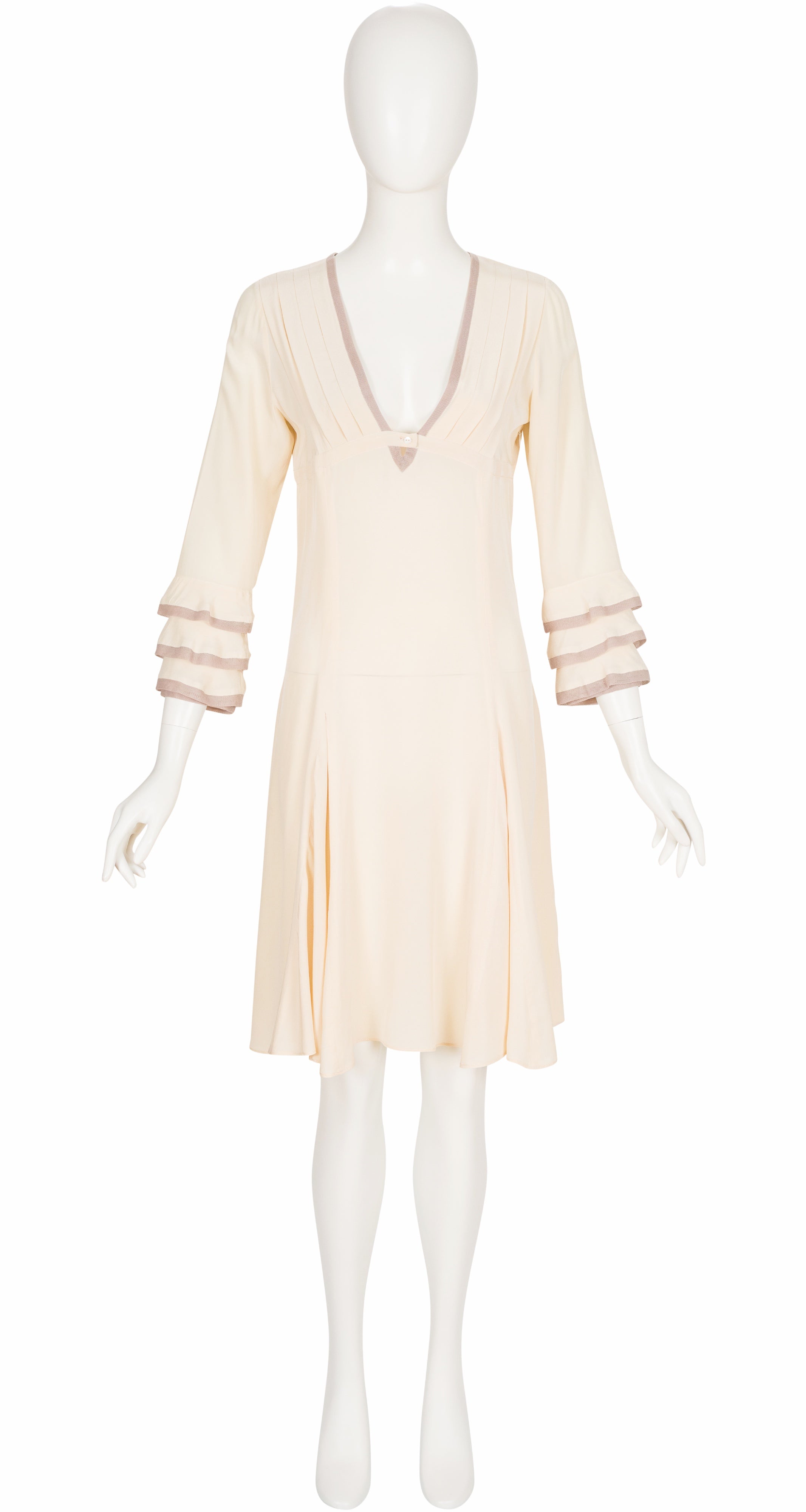 2003 Cream Silk Pleated Plunge Neck Dress