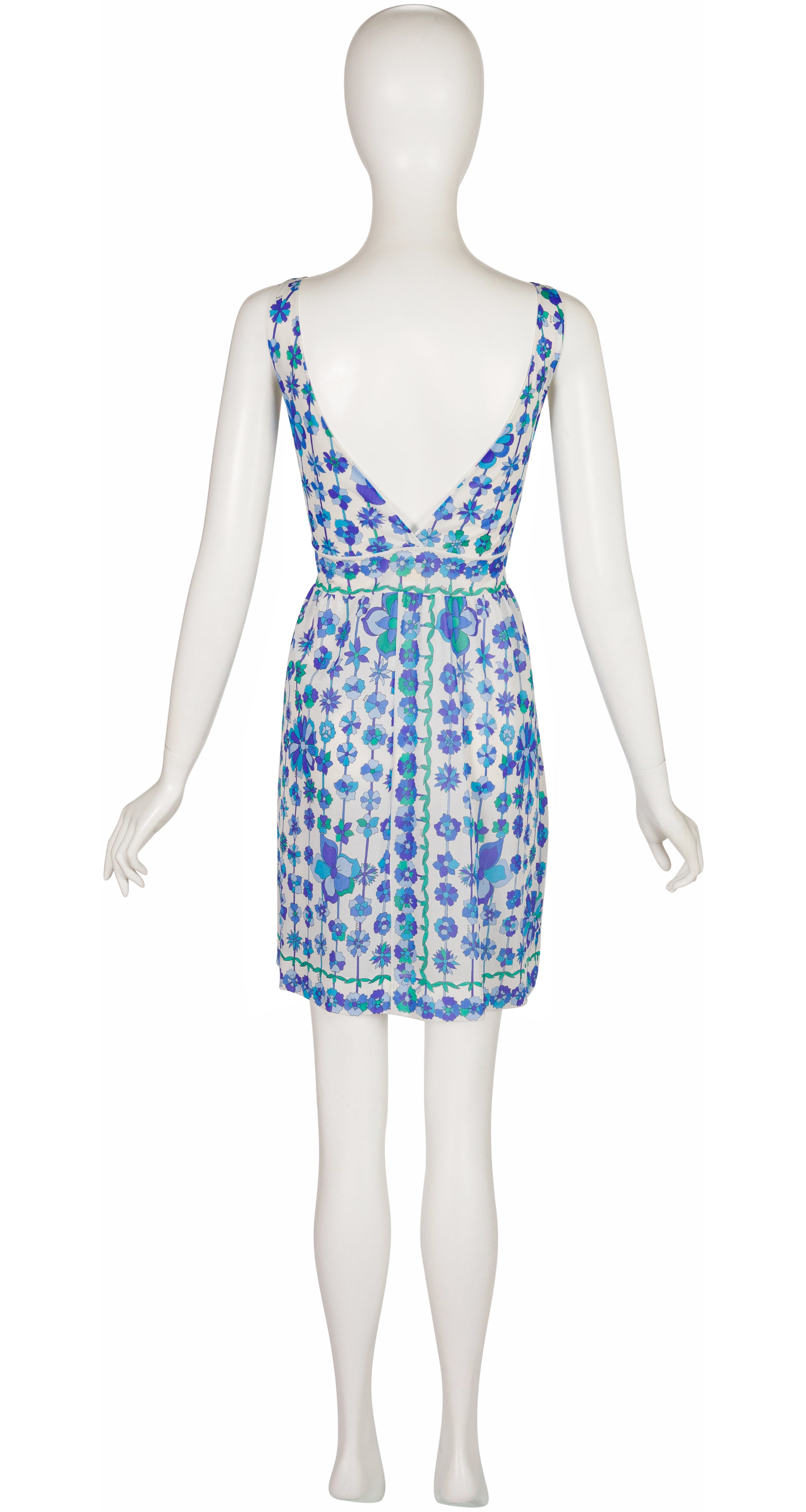 1960s Blue & Green Floral Print Deep V-Neck Nightgown
